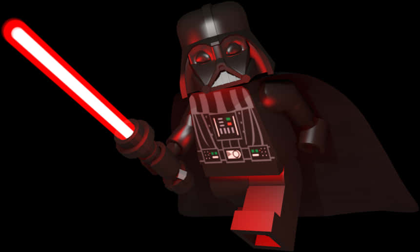 達斯維達持光劍 壁紙 — 一個LEGO黑武士人偶在黑色背景前手持發光的紅色光劍。