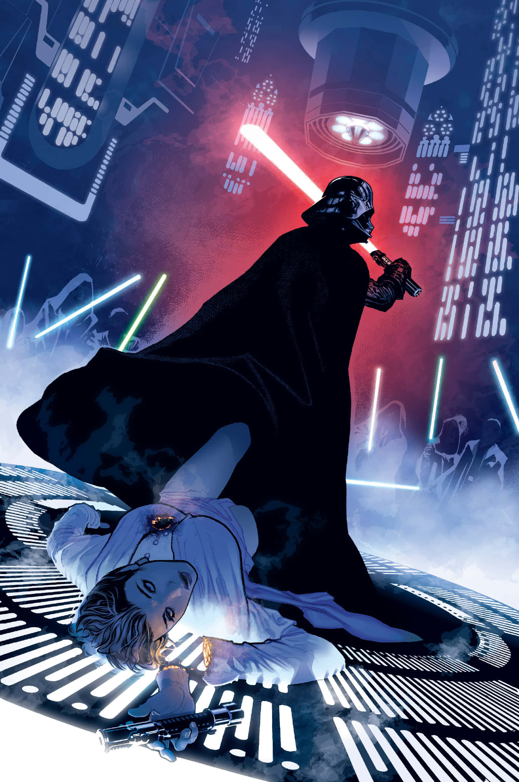 The Great Jedi Purge 桌布 壁紙 — 達斯維達站在倒下的路克天行者上方，在一個霓虹燈照亮的未來風格競技場中，發光的光劍和數位顯示屏閃爍。