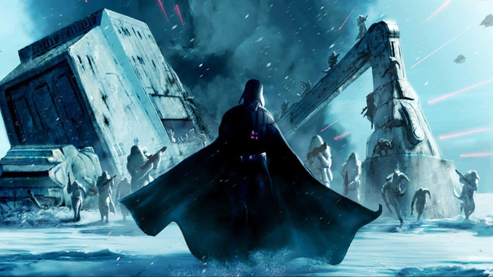 Battle Of Hoth 桌布 壁紙 — 達斯維達站在冰凍的戰場上，雪花飄落在崩塌的建築物周圍，風暴兵在暴風雨的天空下前進。