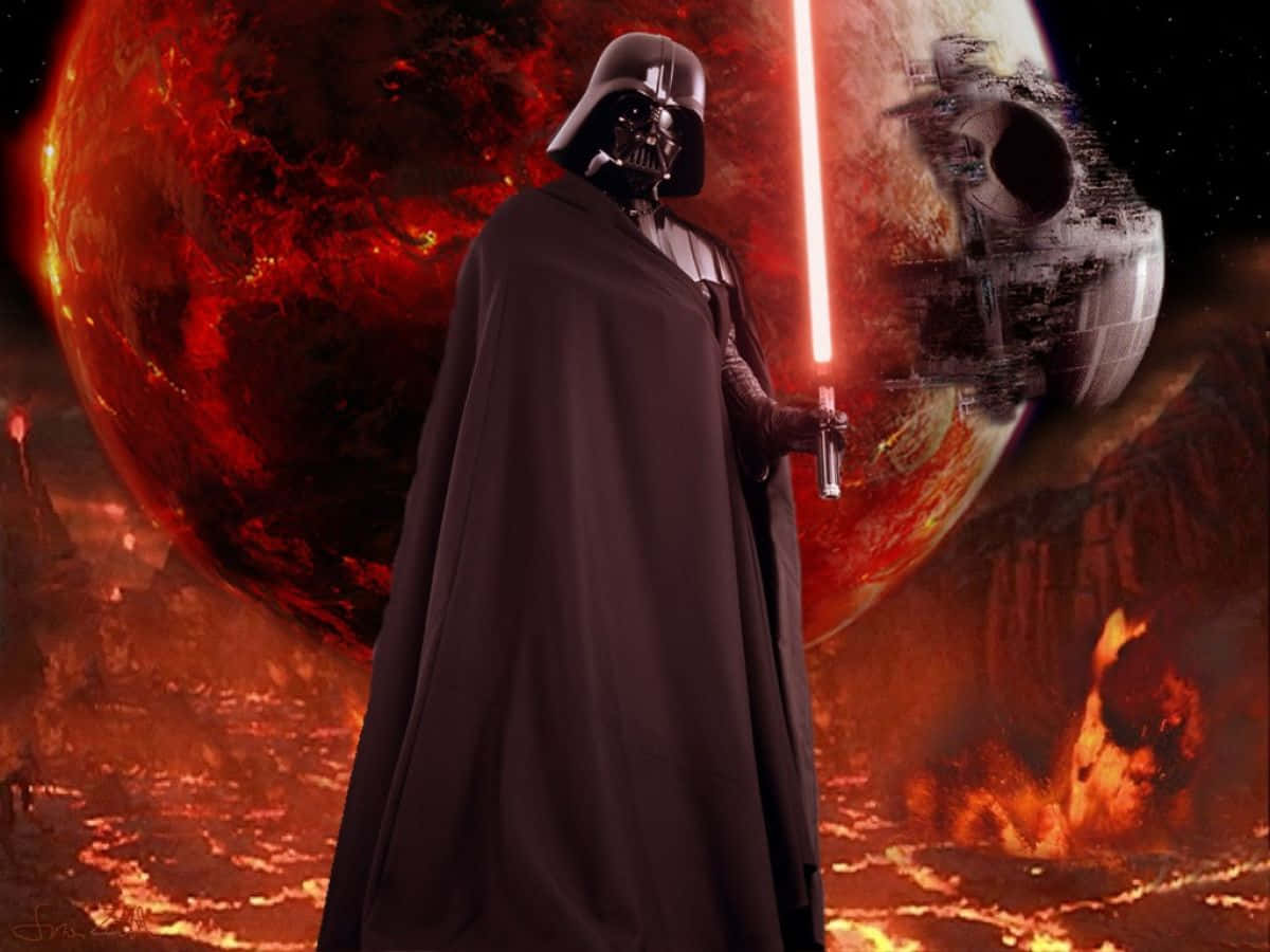 Mustafar 桌布 壁紙 — 達斯維達站在熾熱的火山景觀中，手持紅色光劍，背景有死星和一顆紅色行星。
