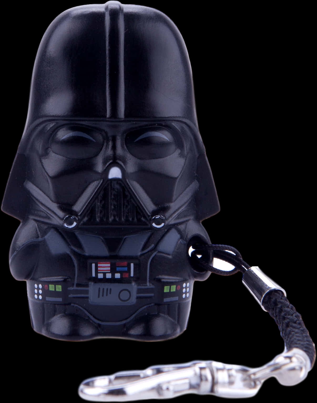 達斯維達鑰匙圈收藏品 壁紙 — 一個亮黑色Darth Vader鑰匙扣，帶有發光的綠色和紅色燈光，背景為純黑色。