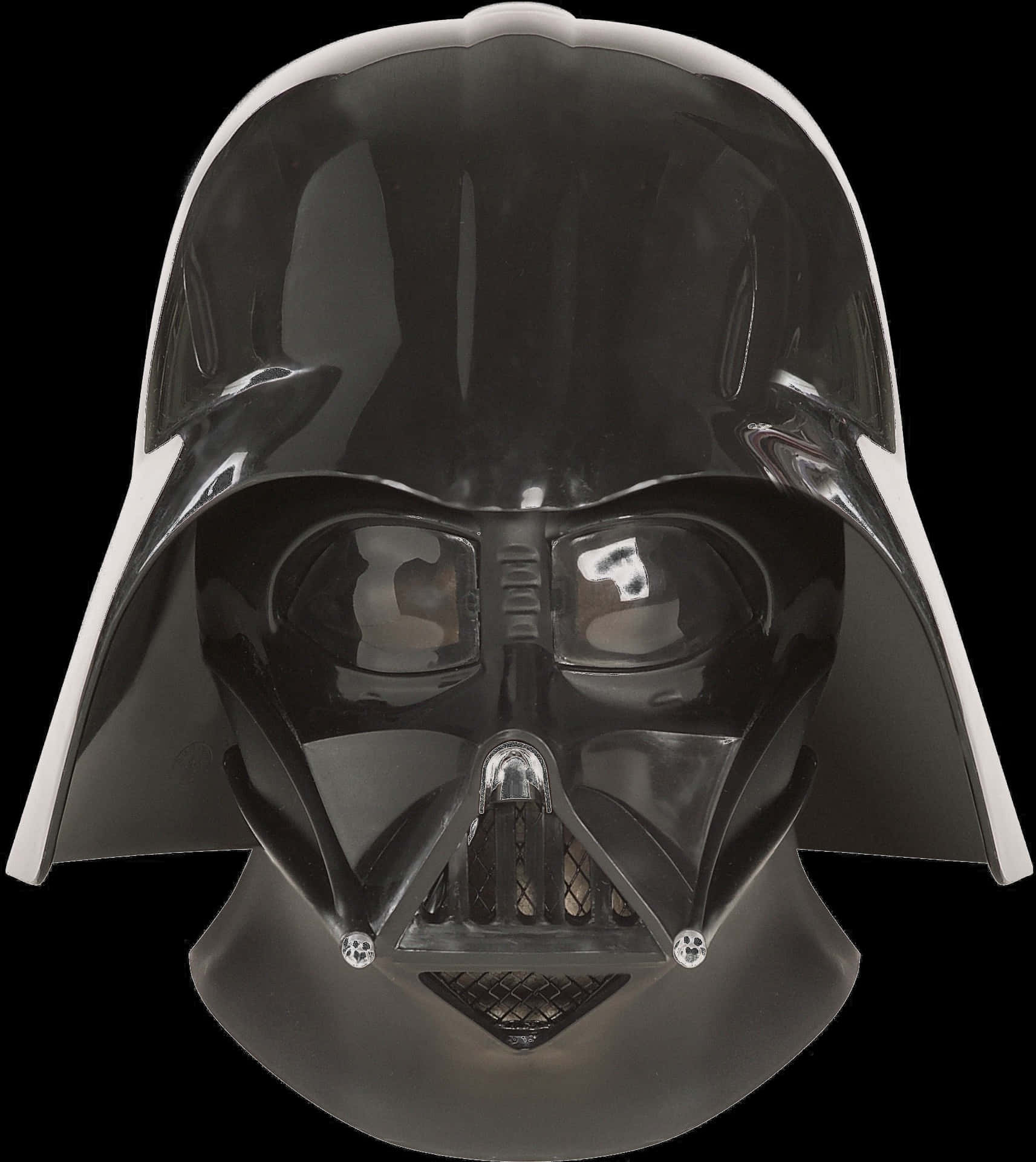 達斯維達頭盔肖像 壁紙 — 一個光澤黑色Darth Vader頭盔，帶有白色點綴和反光面罩，背景為純黑色。