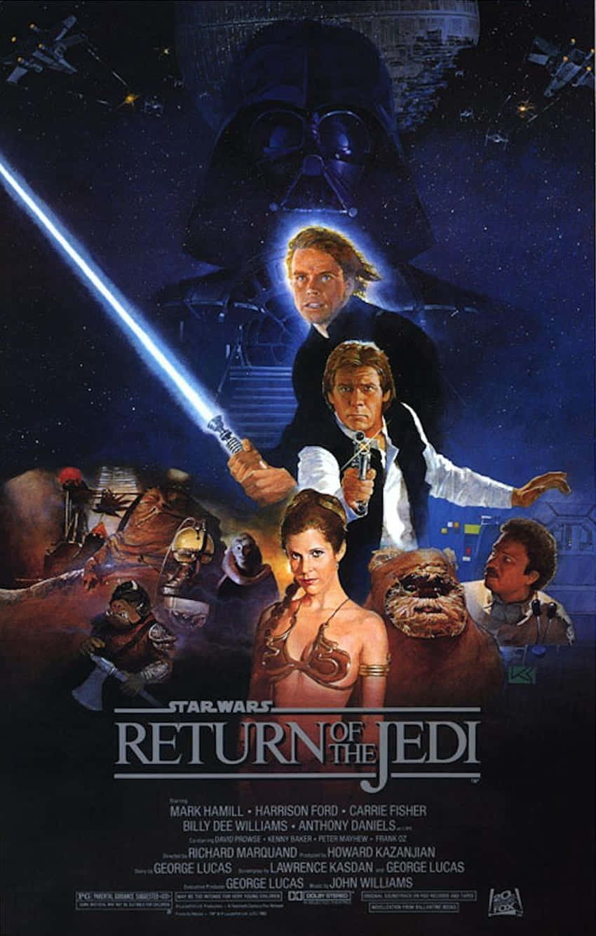 Return Of The Jedi 桌布 壁紙 — 達斯維達高聳於路克和莉亞之上，手持藍色光劍，背景是繁星點點的太空，有X翼戰機和死星。