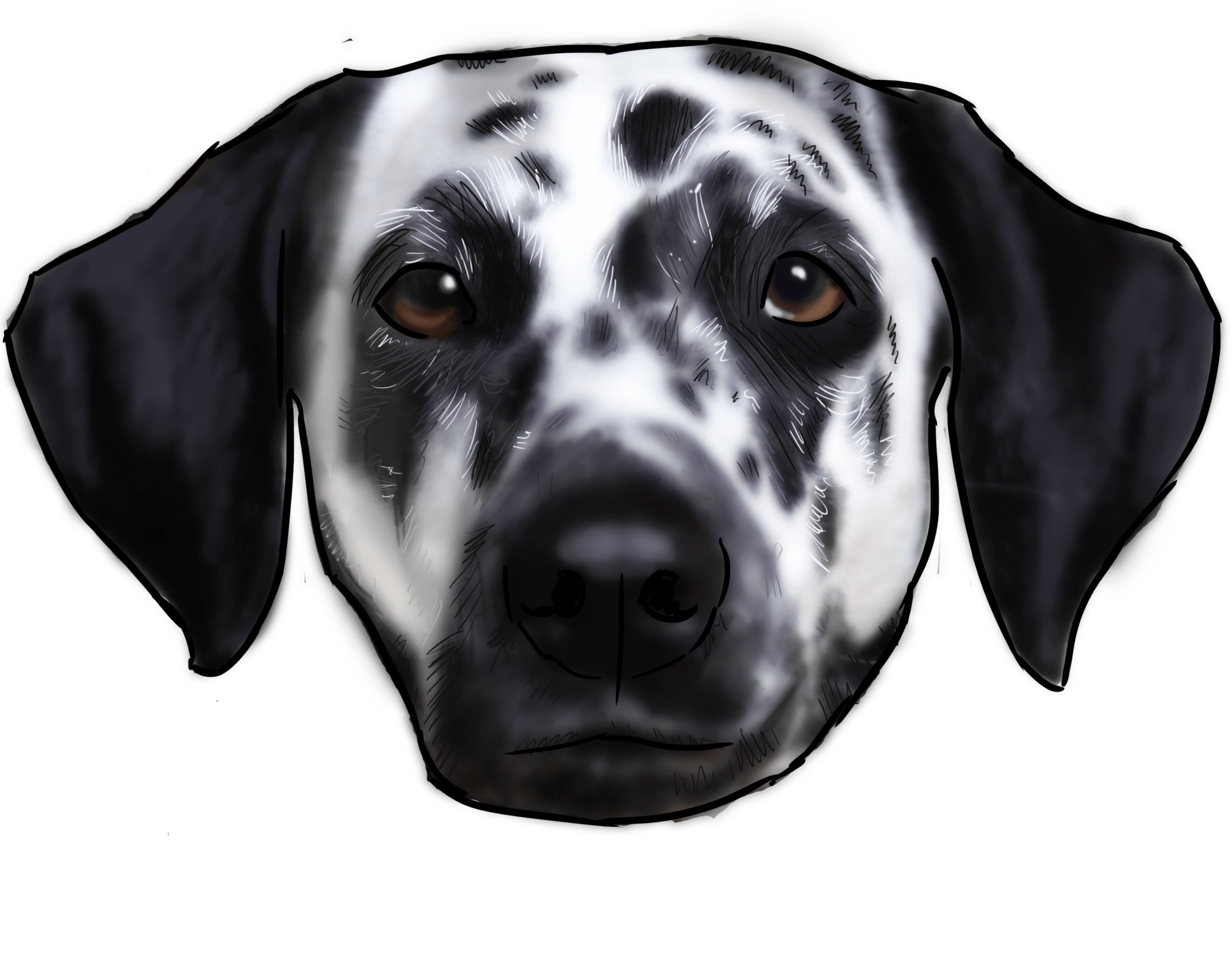 達爾馬提亞犬面部插畫 壁紙 — 一幅數碼插圖特寫，展示一隻斑點狗的臉部，有表情豐富的棕色眼睛和白色毛皮上的黑色斑點，背景為純黑色。