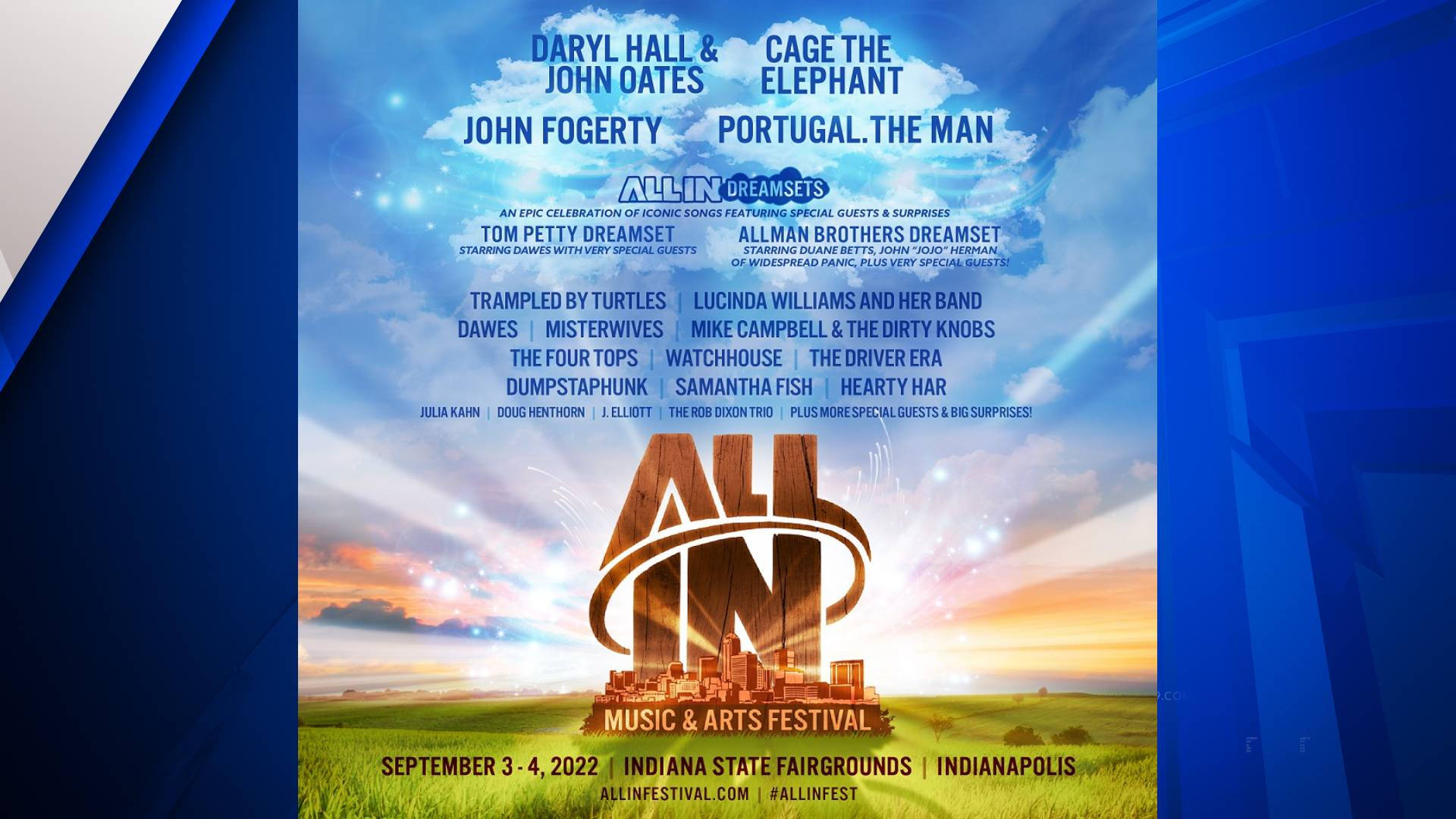 All In Music & Arts Festival 海報，帶有日落田野和藝術家陣容。