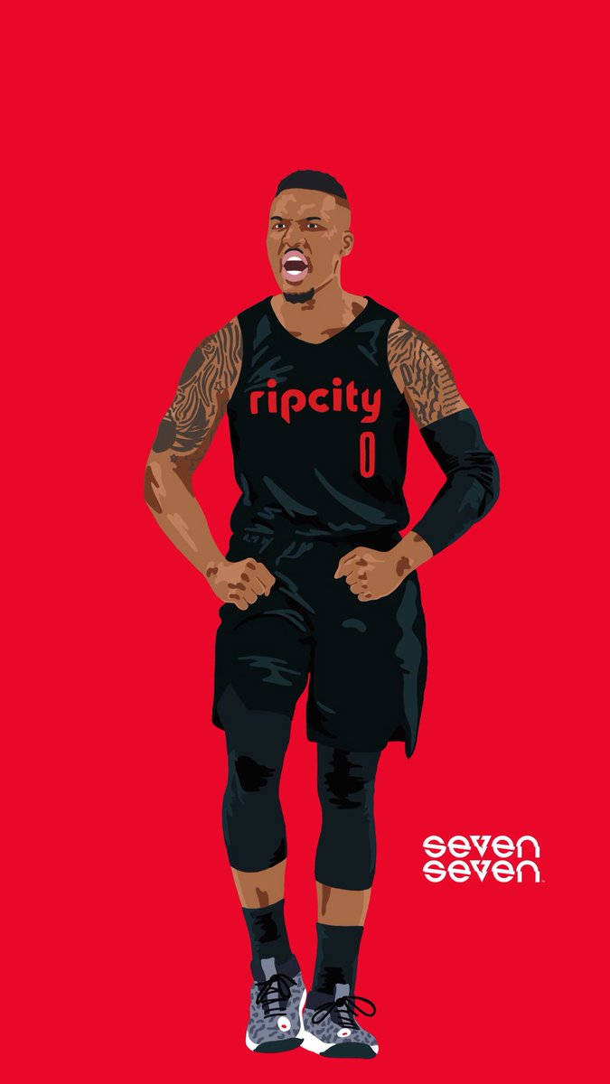 籃球運動員穿著黑色 Rip City 球衣，帶有紋身，背景為紅色。