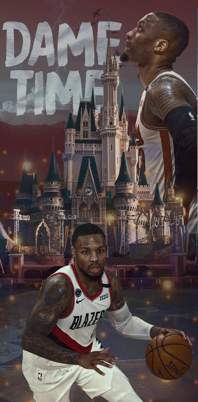 NBA 球員在夜晚的迪士尼城堡前運球。