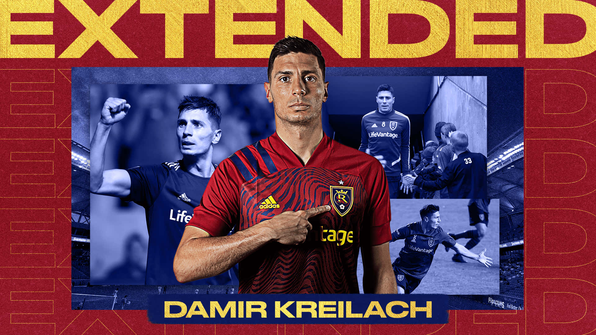 足球運動員 Damir Kreilach 穿著紅色球衣指著球隊會徽，背景有動作照片。