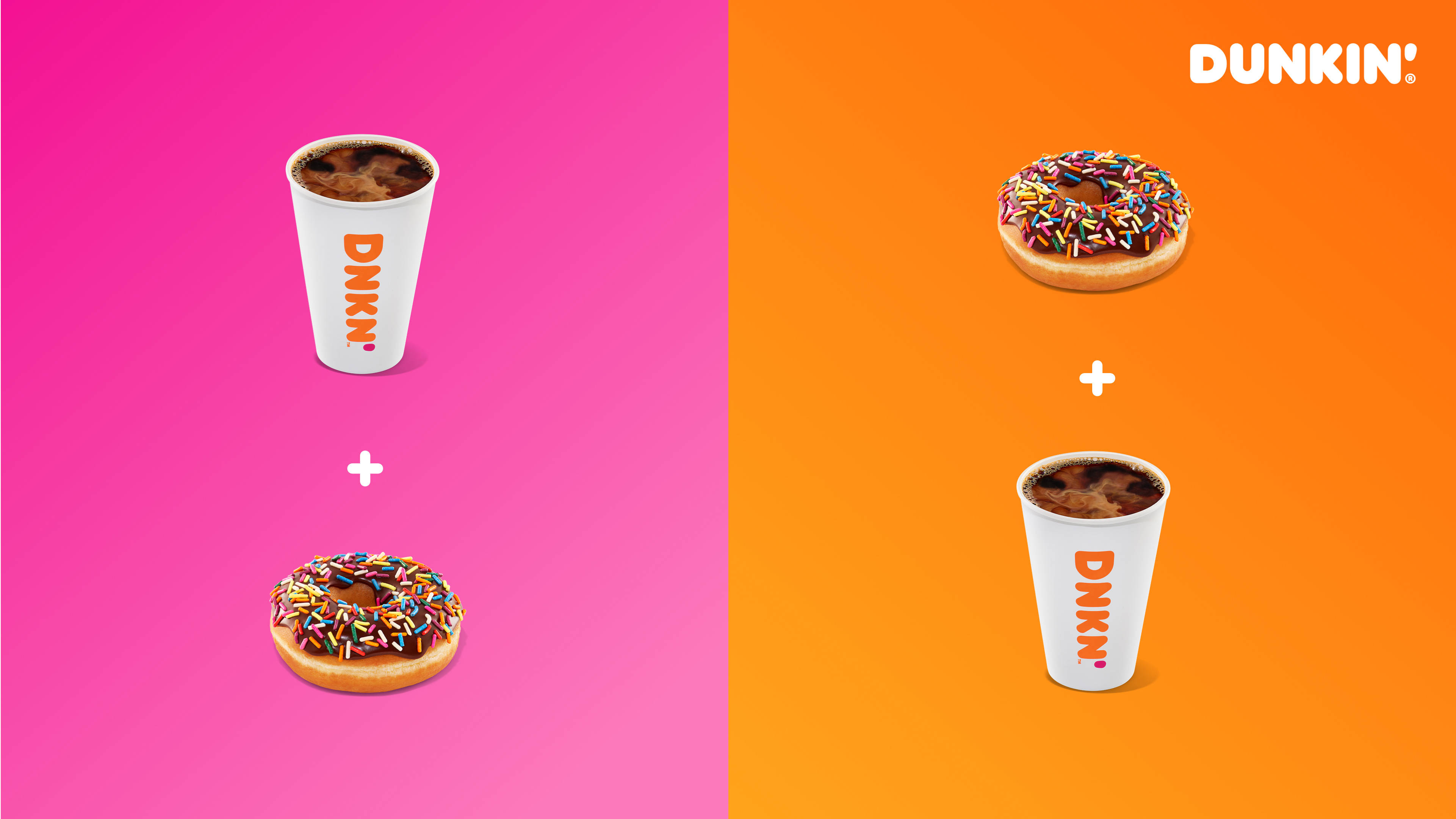達美樂甜蜜雙人組 壁紙 — Dunkin' 咖啡杯和灑糖甜甜圈顯示在粉紅色和橙色背景上，帶有加號表示組合。