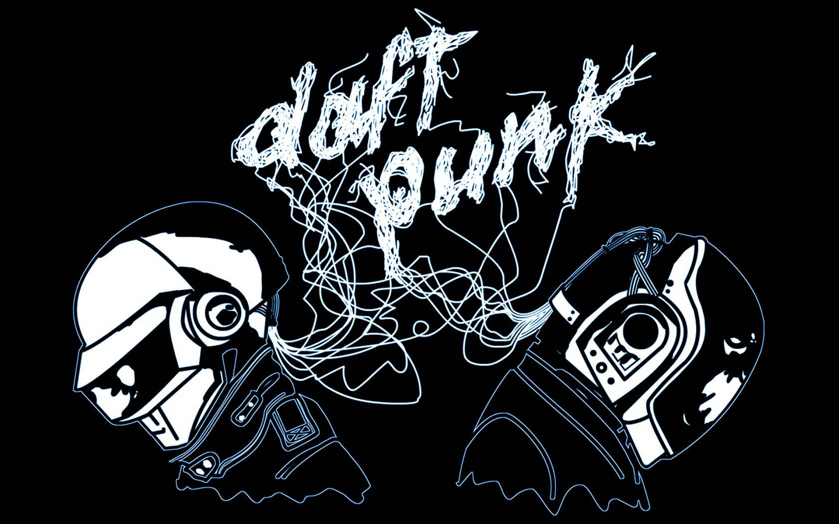 Daft Punk 頭盔以塗鴉線條連接在黑色背景上