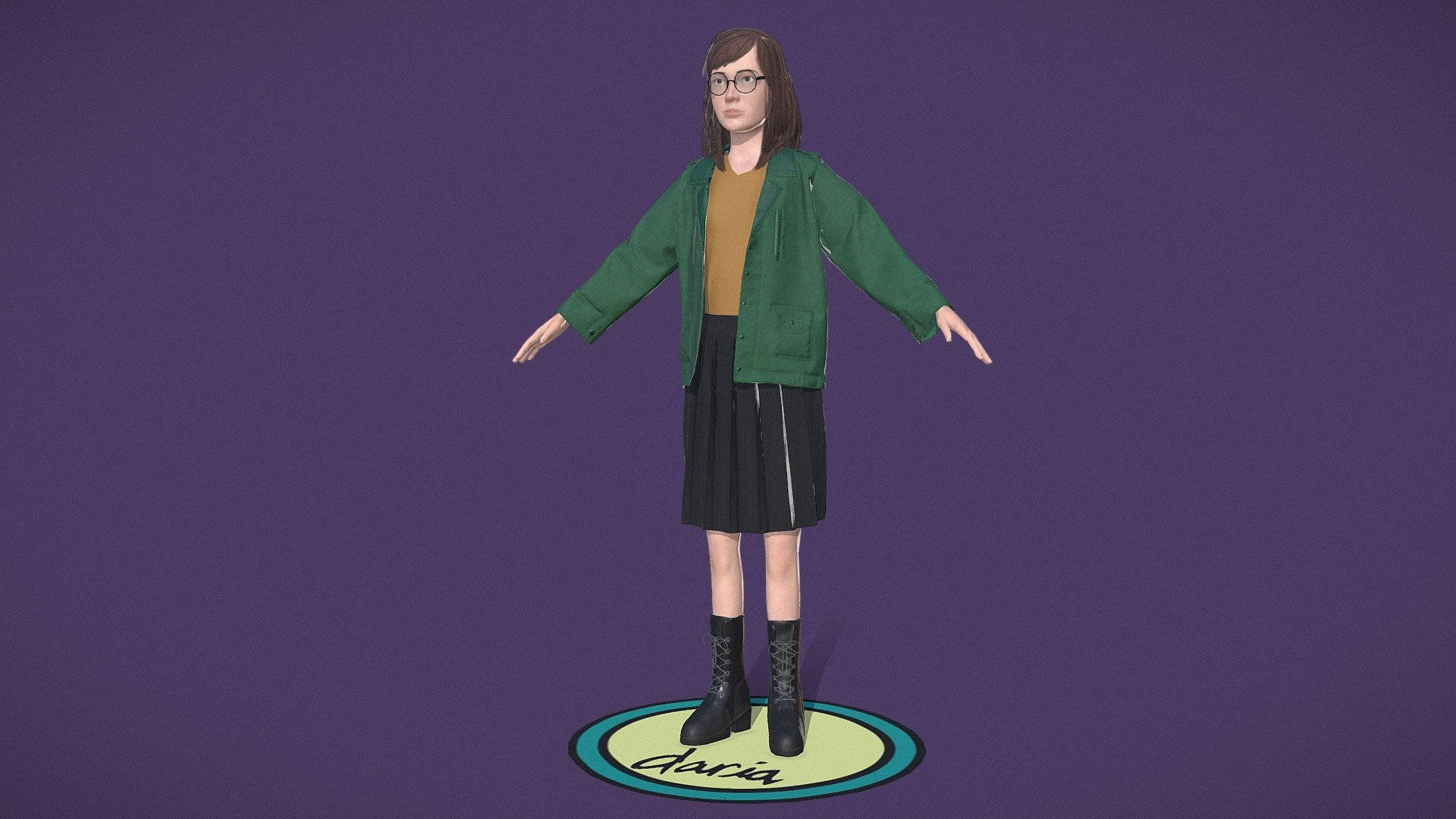 達莉亞娃娃造型 壁紙 — 一個3D渲染的女孩，穿著綠色外套和黑色裙子，站在圓形平台上，背景為純紫色。