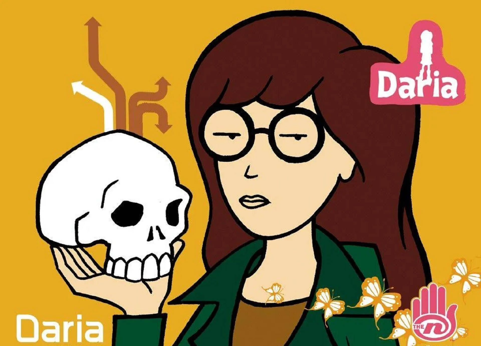 達莉亞手持骷髏 壁紙 — 一個戴眼鏡的卡通女孩拿著一個頭骨，蝴蝶在她周圍飛舞，背景是溫暖的黃色。