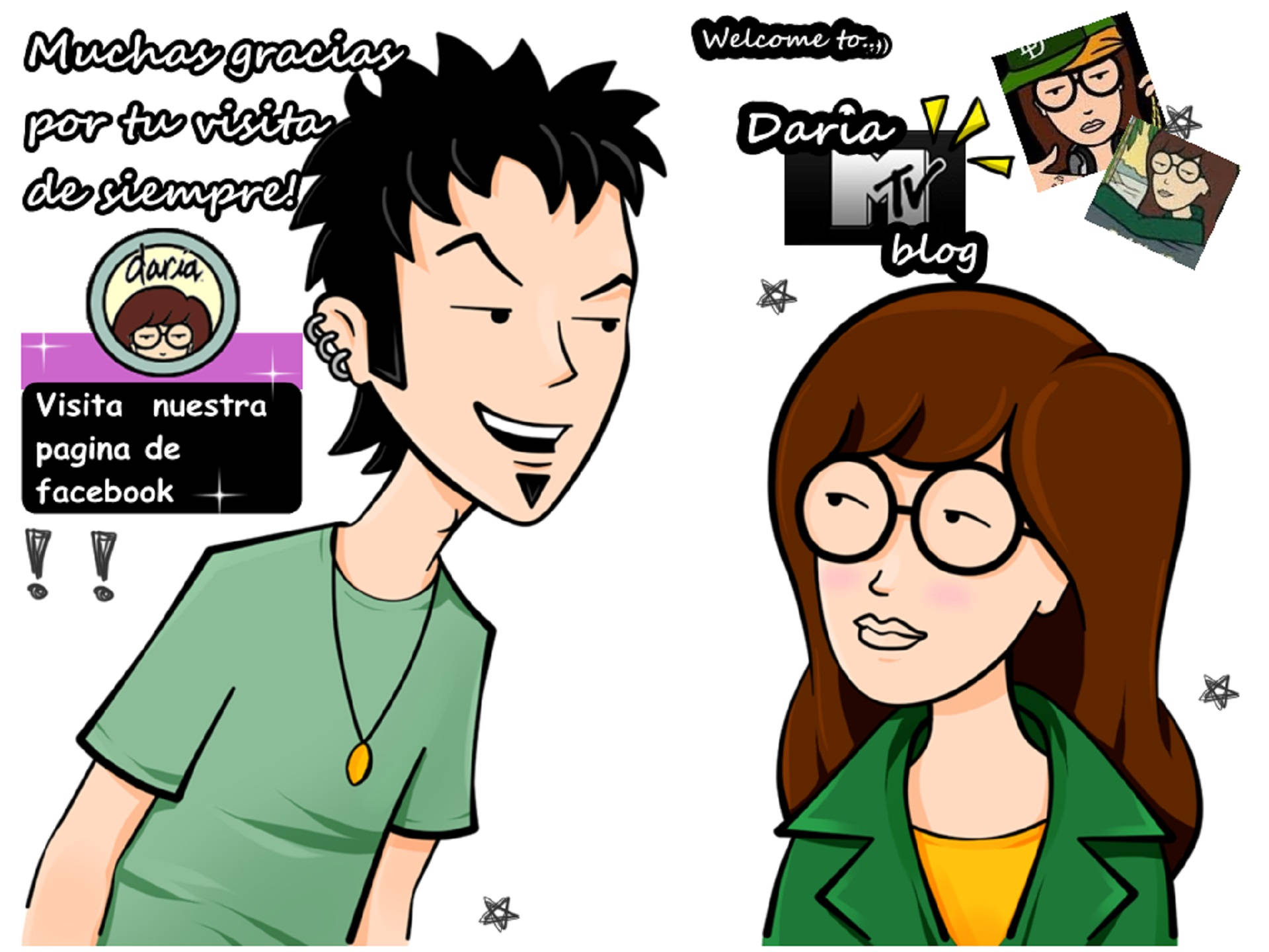 達莉亞與特倫特·萊恩 壁紙 — 來自Daria MTV博客的兩個角色的卡通插圖，帶有西班牙文字和星星圖案。