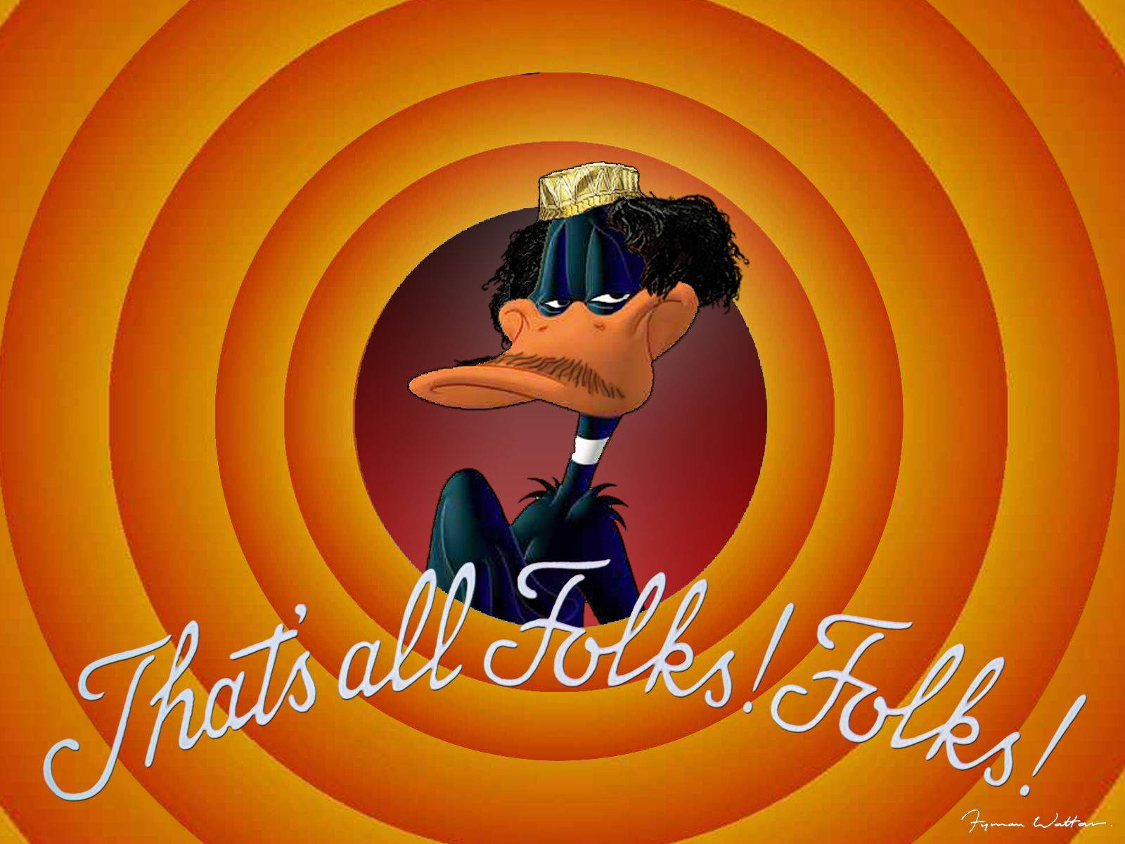 達菲鴨「That's All Folks」 壁紙 — Daffy Duck 戴著金色帽子坐在舞台中央，背景是催眠般的橙色螺旋，並帶有「That's all Folks!」文字。