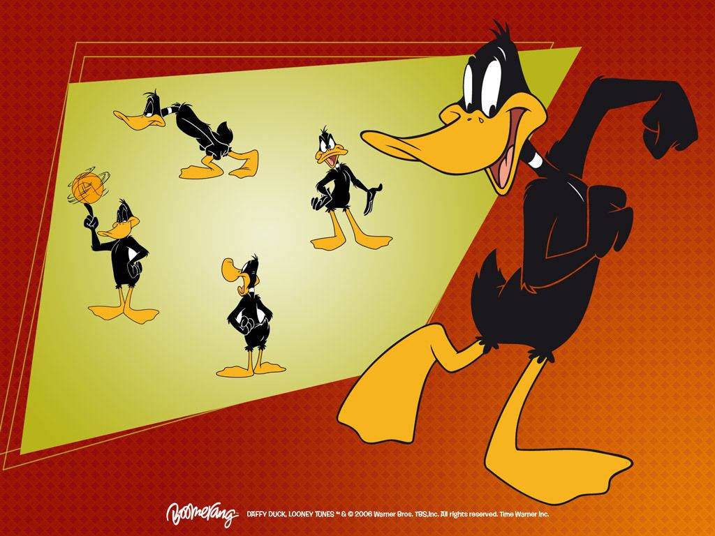 Daffy Duck 在紅色和黃色背景上擺出多種姿勢。