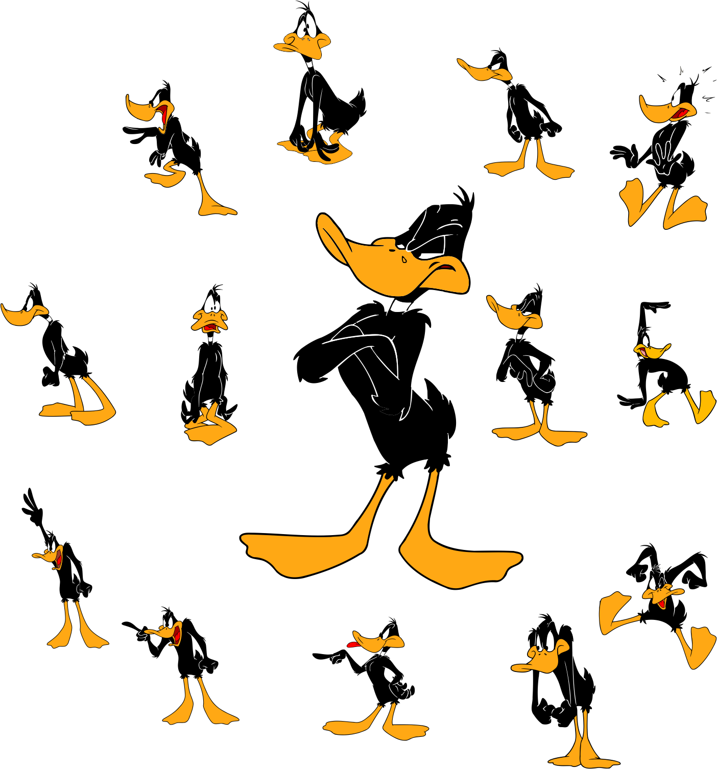 達菲鴨表情圖案 壁紙 — Daffy Duck 以多種誇張卡通姿勢圍繞一個自信的中心姿勢。