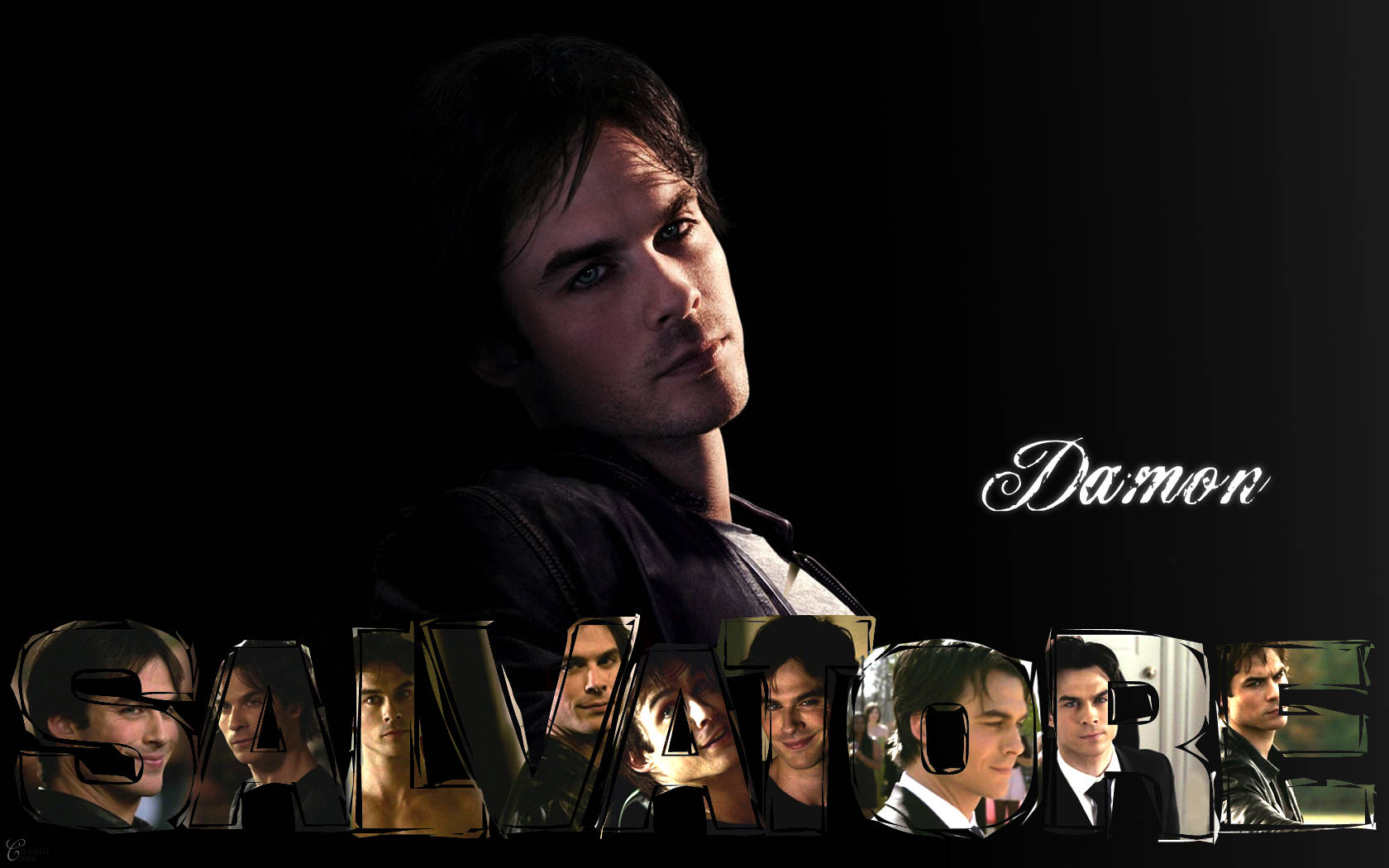 Damon Salvatore 肖像，附有名字文字和臉部拼貼。