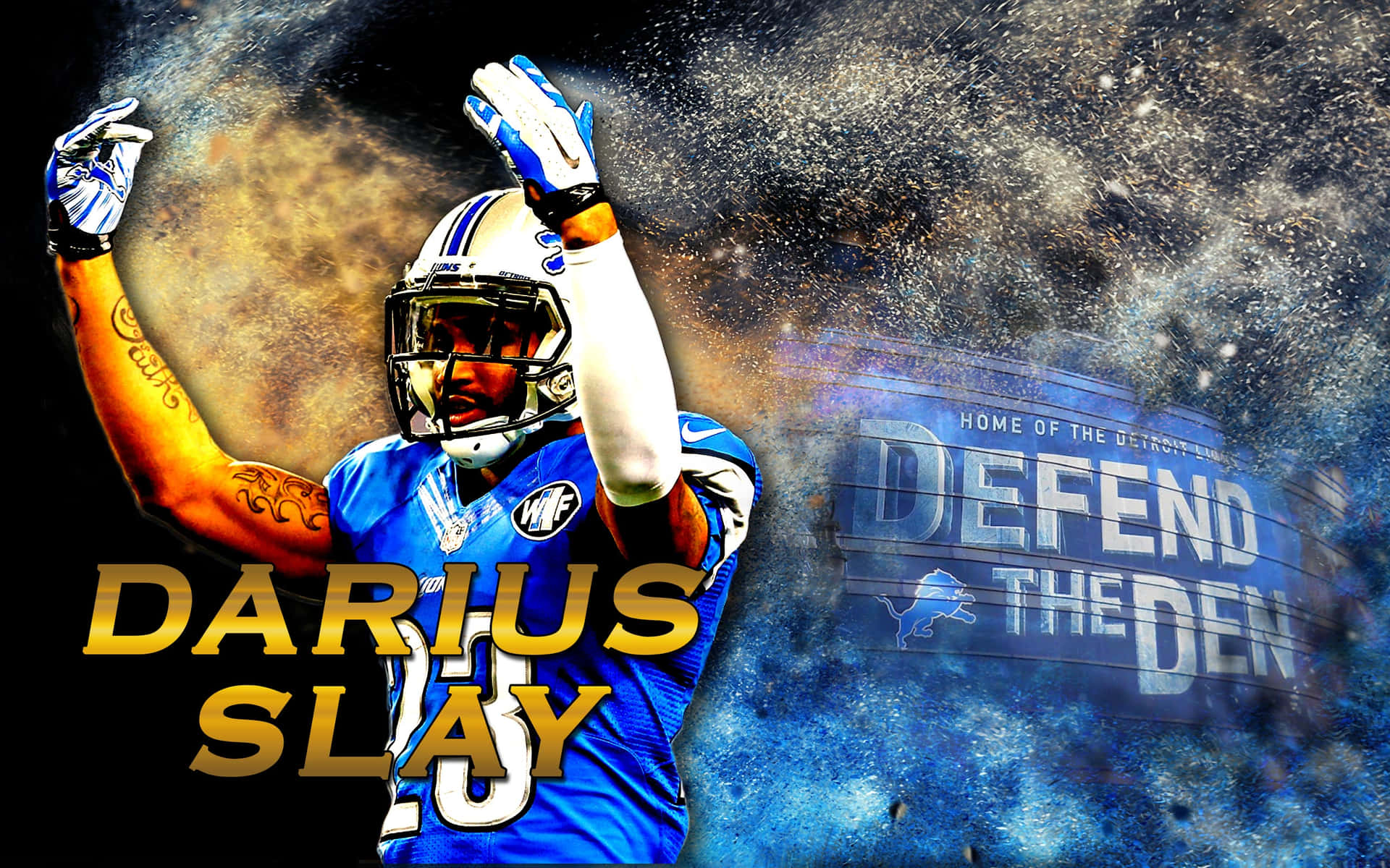 足球運動員Darius Slay身穿藍色球衣，在宇宙背景和'Defend the Den'文字中慶祝。