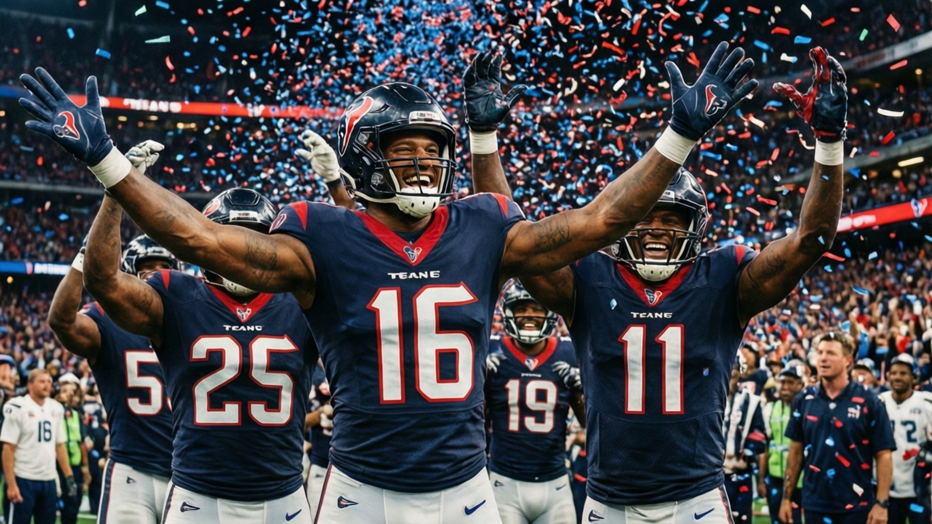 侯斯頓德州人隊的足球員在飄落的紙屑下高舉雙臂慶祝勝利。