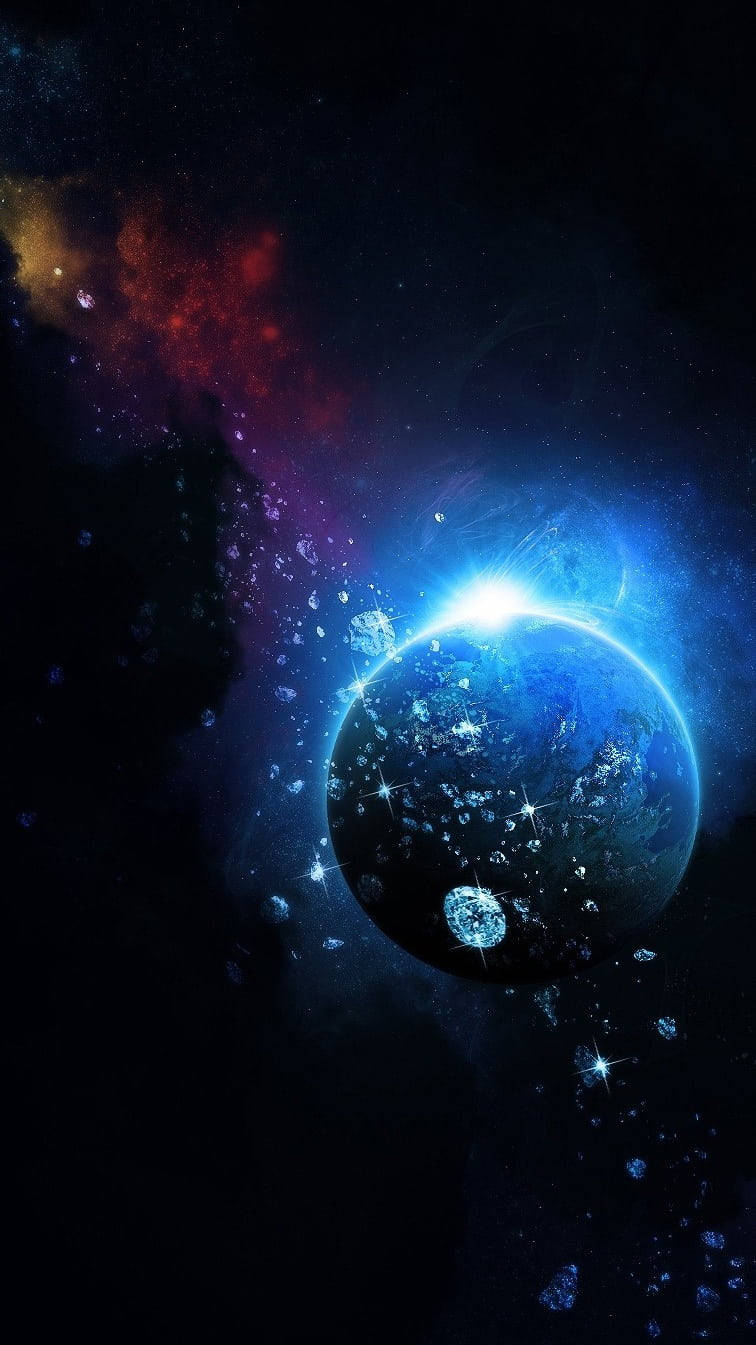 太空中一顆發光的藍色行星，被宇宙碎片和彩色星雲包圍。