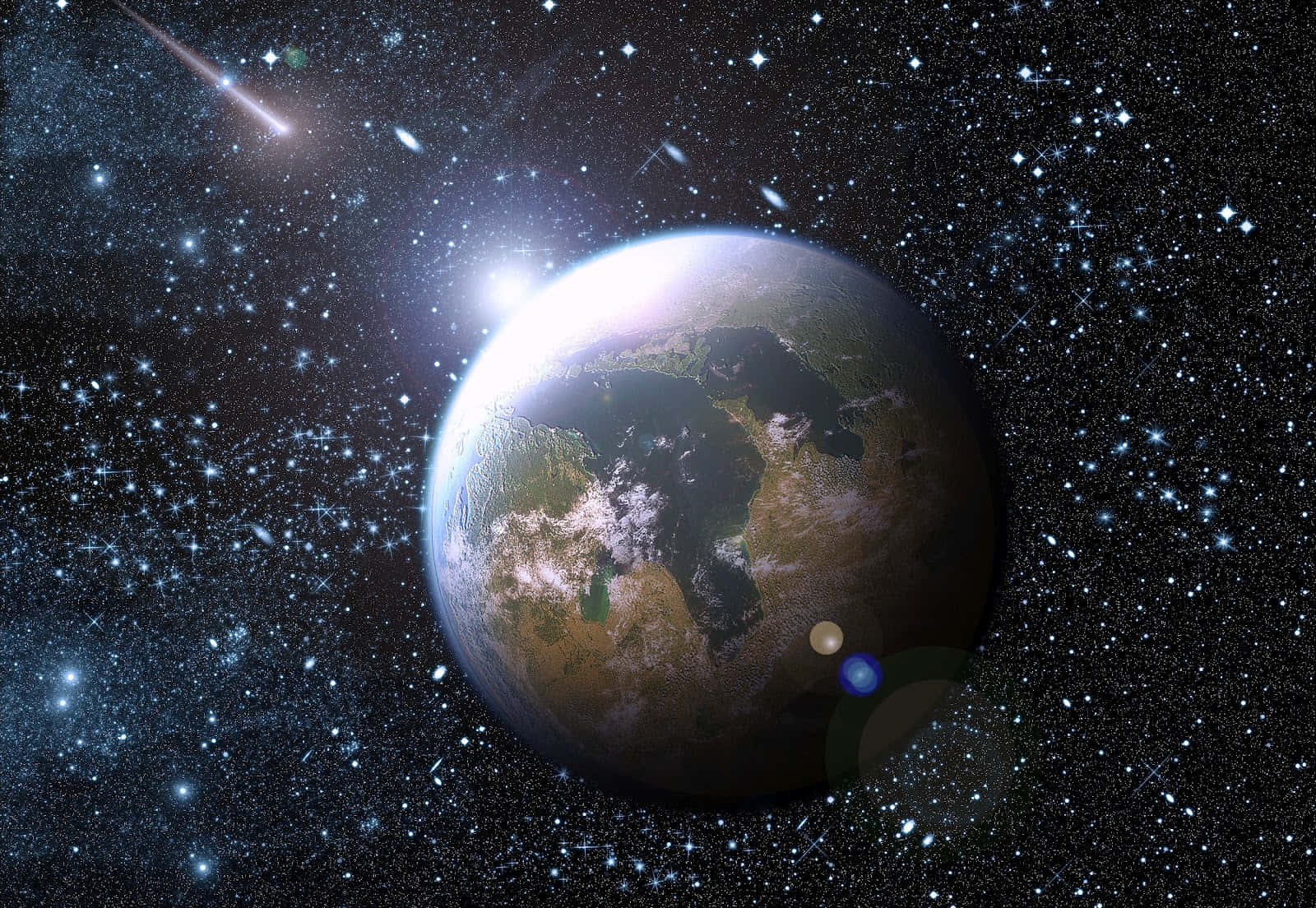 從太空看到的地球，背景有星星和彗星。