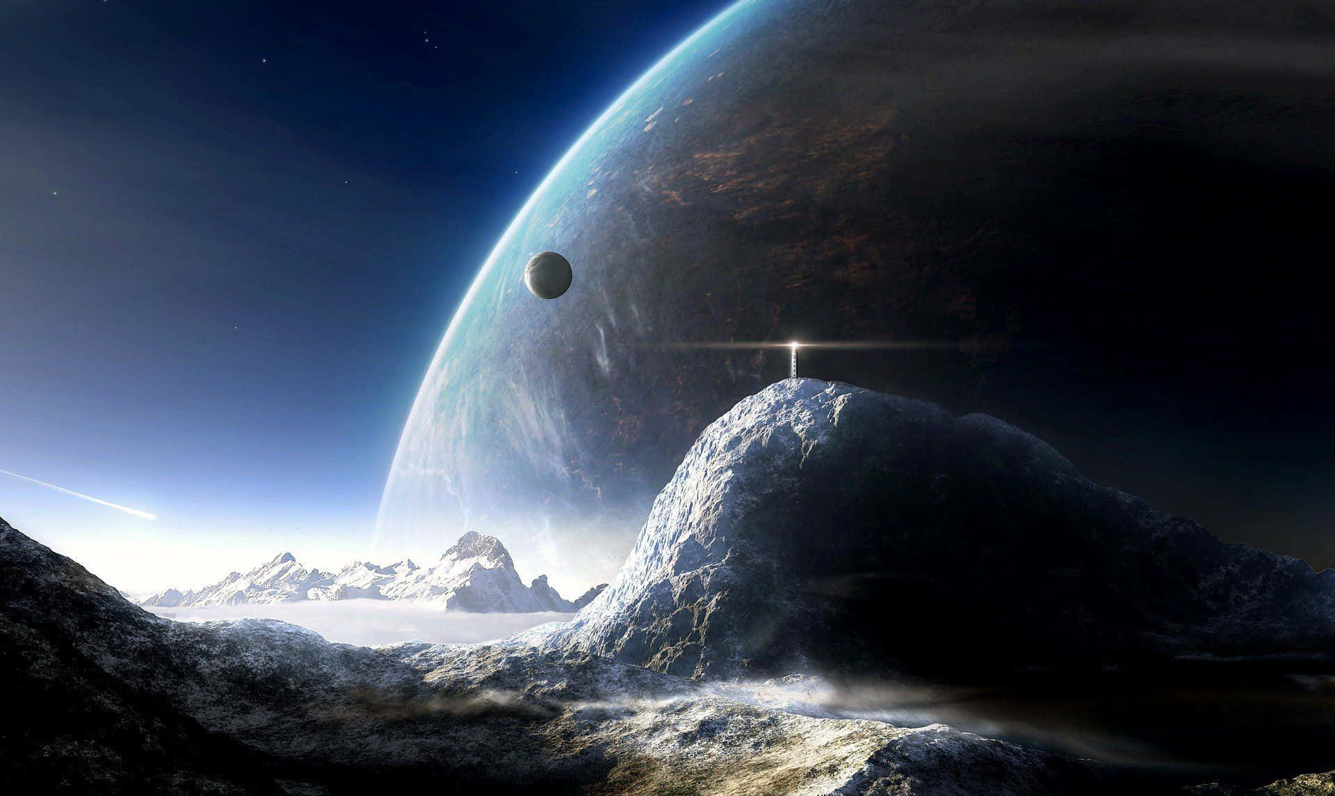外星行星下的雪白山頂，發光地平線和小月亮。
