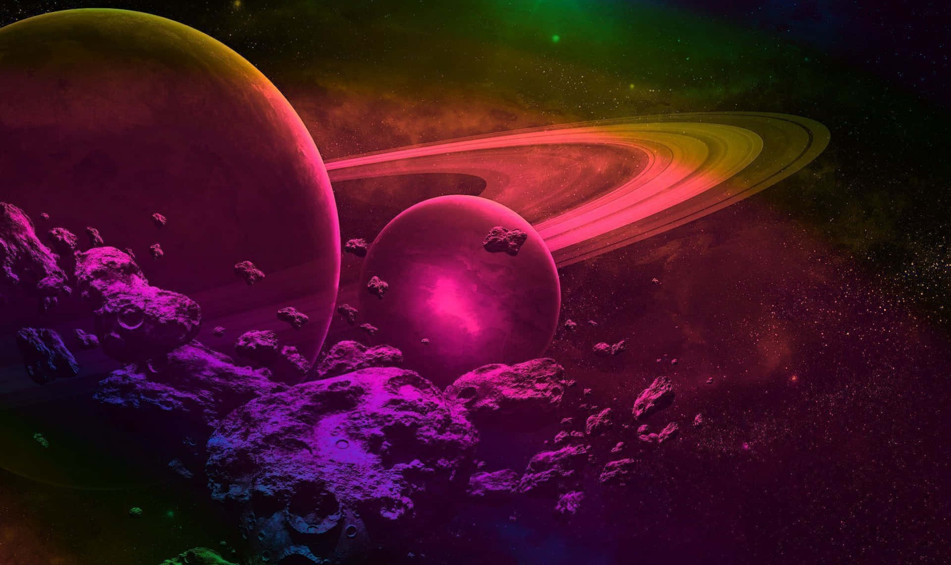 在繁星點點的宇宙場景中，兩顆發光的行星帶有色彩繽紛的光環和小行星。