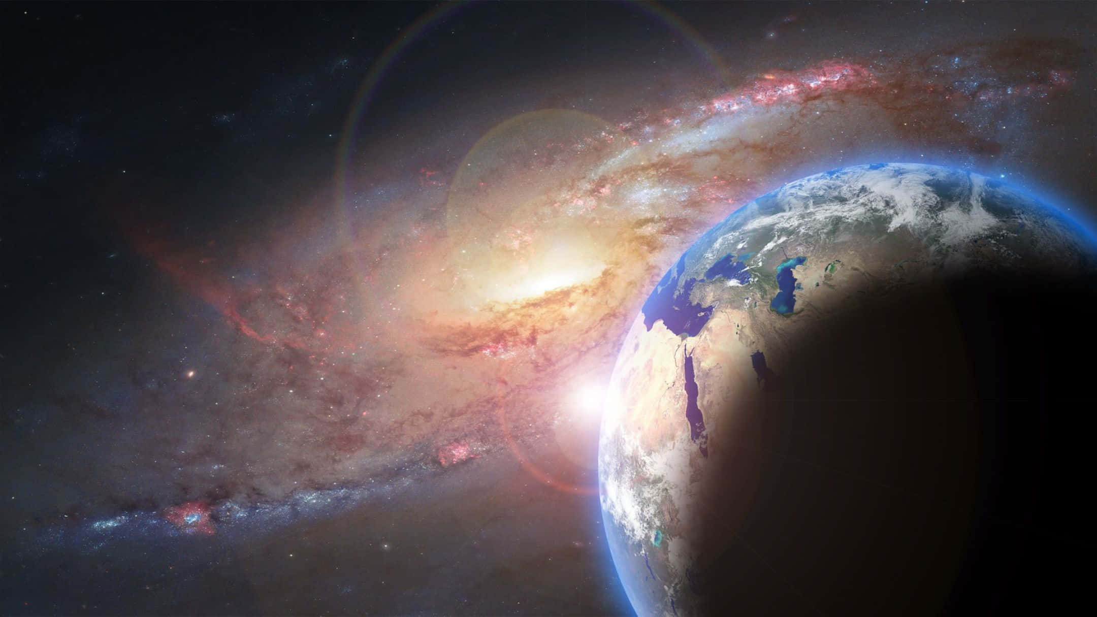 從太空看到的地球，背景是色彩繽紛的螺旋星系。