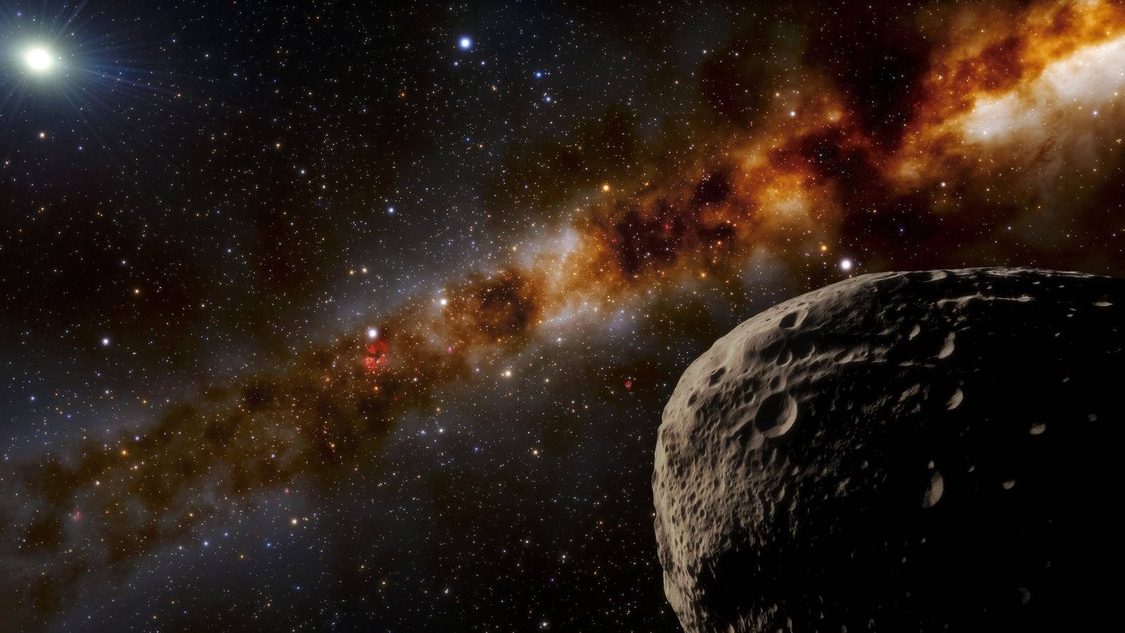 太空中一顆大型小行星，背後有色彩繽紛的星雲和星星。
