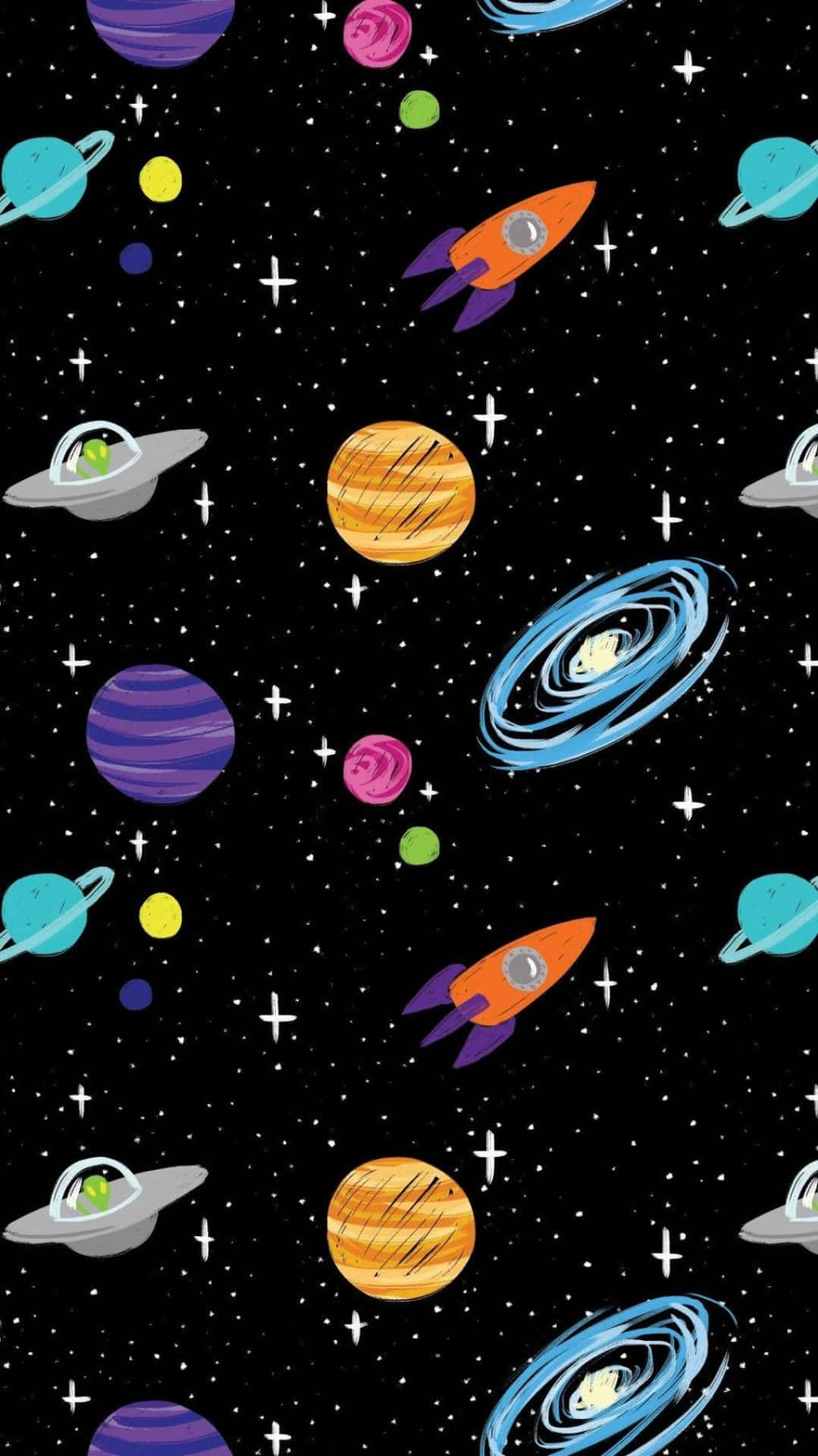 卡通火箭和行星漂浮在星空太空場景中。