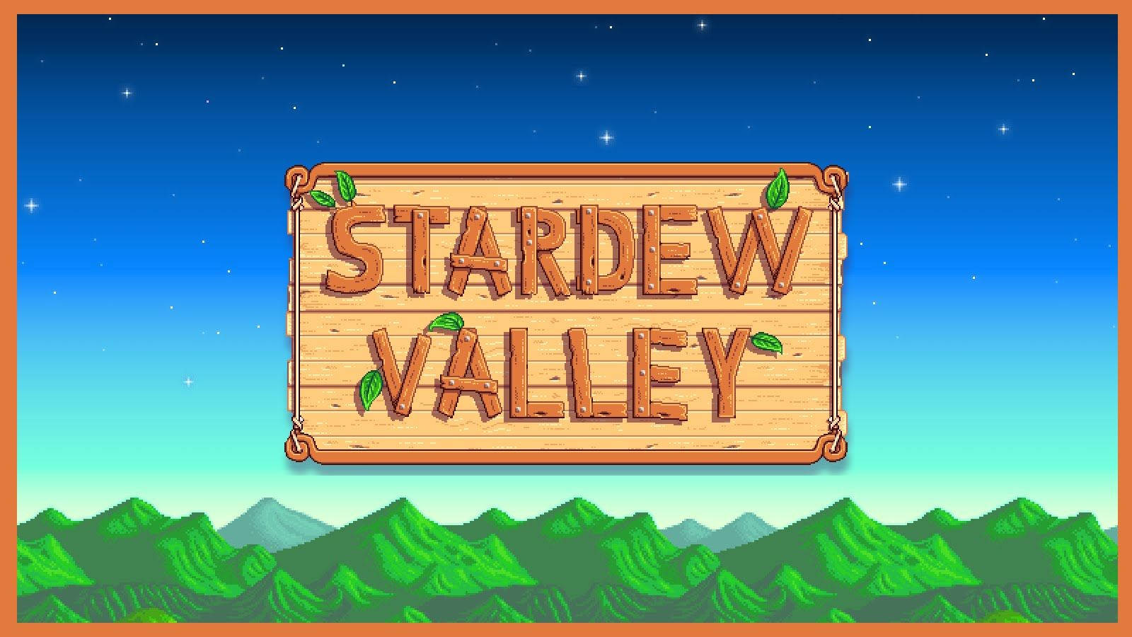 Stardew Valley 木牌，背景是繁星點點的暮色天空和綠色山丘。