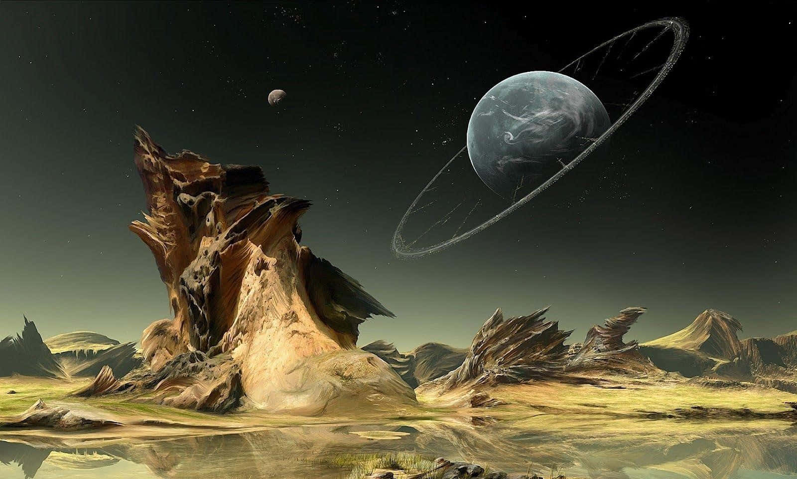 外星沙漠，有鋸齒狀的岩石和夜空中帶環的行星。