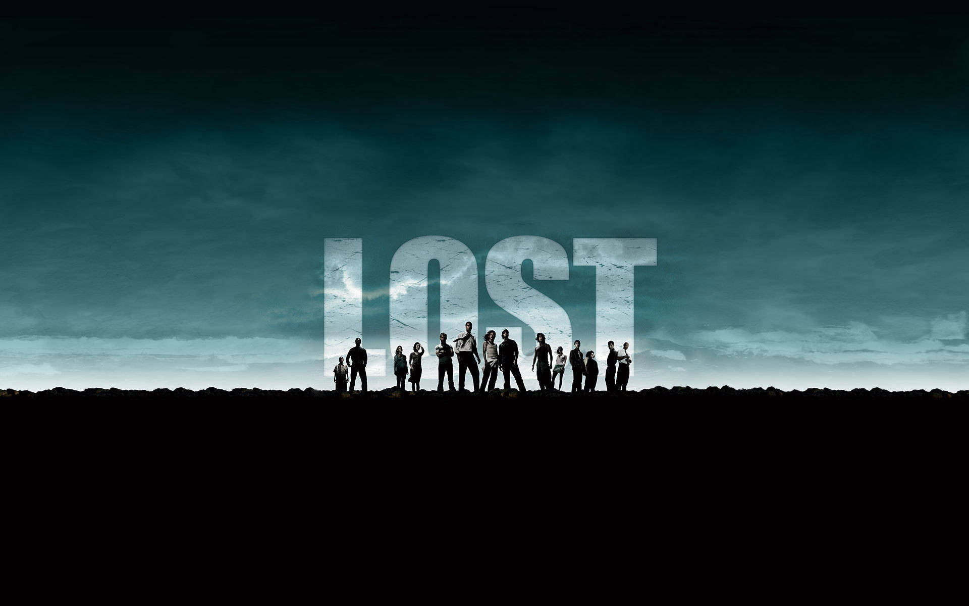 一群人剪影在暴風雨天空下，映襯著發光的「LOST」標誌。