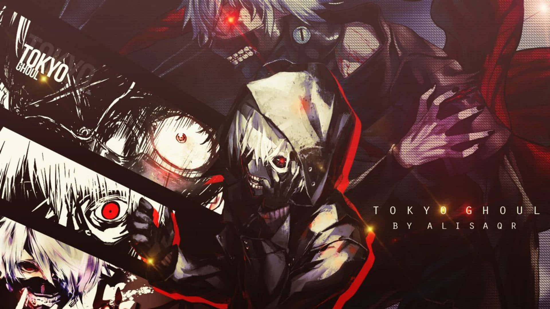 來自《東京喰種》的動漫角色，紅眼利齒，身處黑暗城市環境。