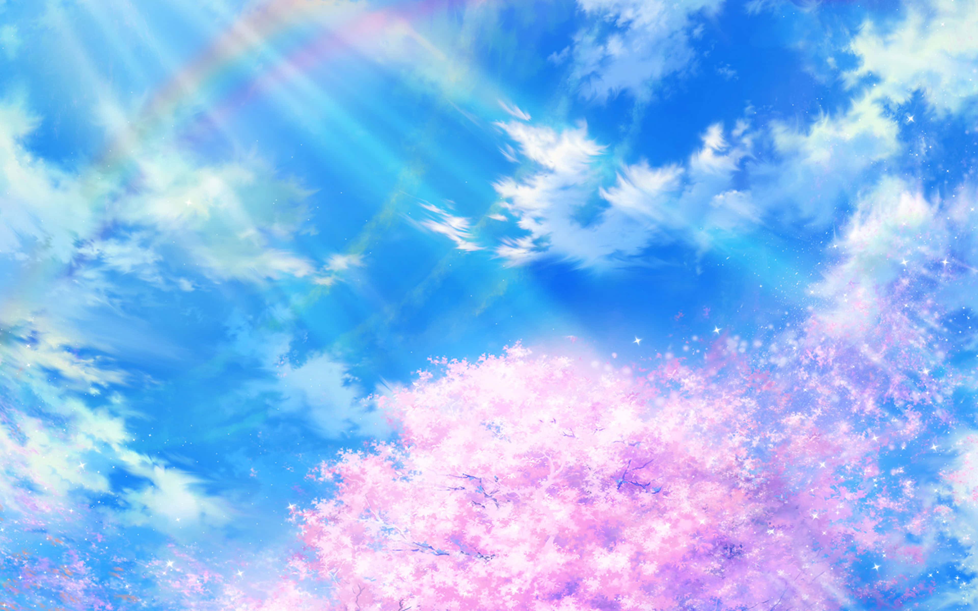 遠眺美麗的動漫天空 壁紙 — 一棵充滿活力的動漫風格櫻花樹在晴朗的藍天下盛開，伴隨著柔和的彩虹和陽光。