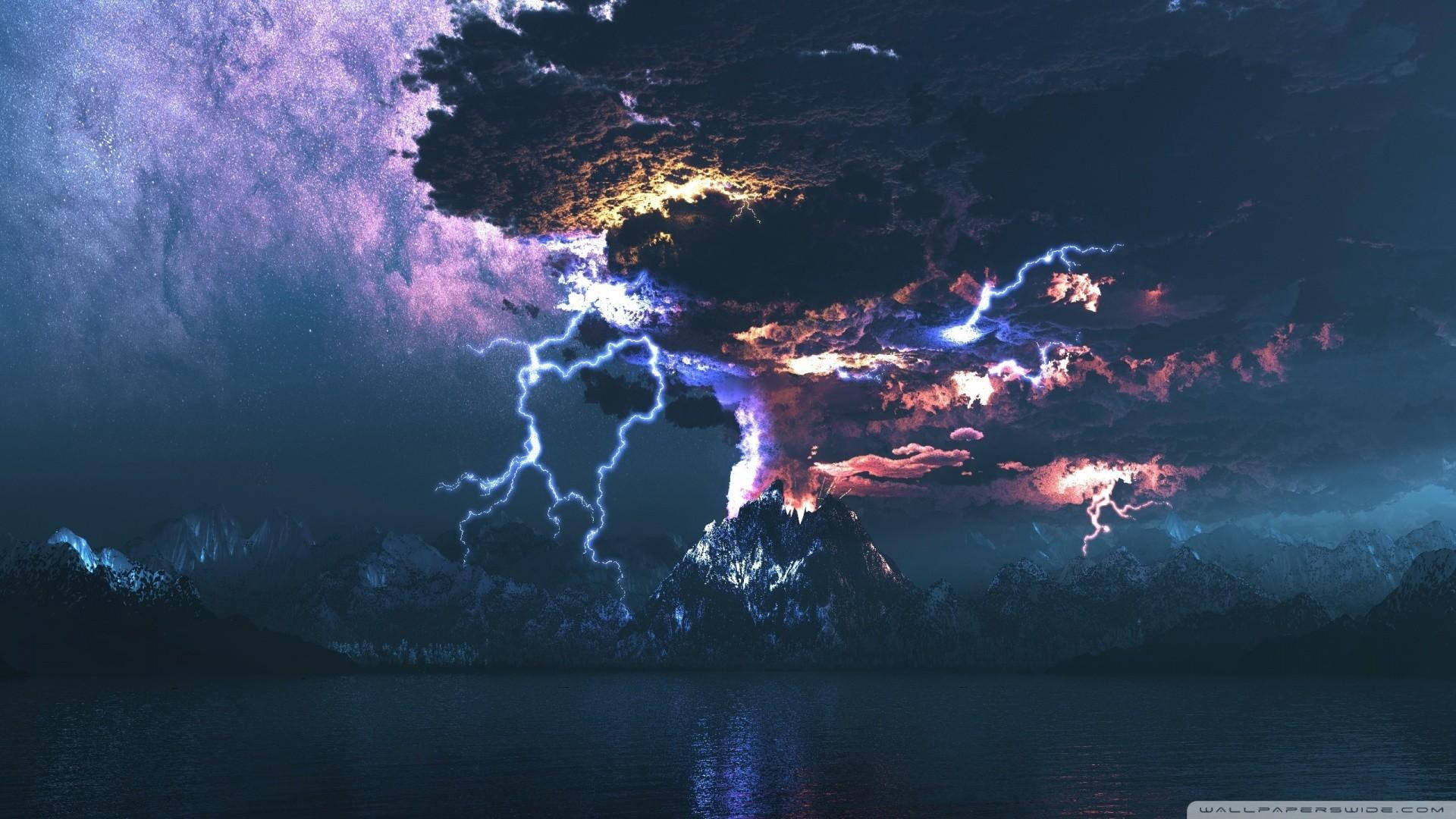 夜晚火山爆發，閃電和五彩雲層籠罩山湖上方。