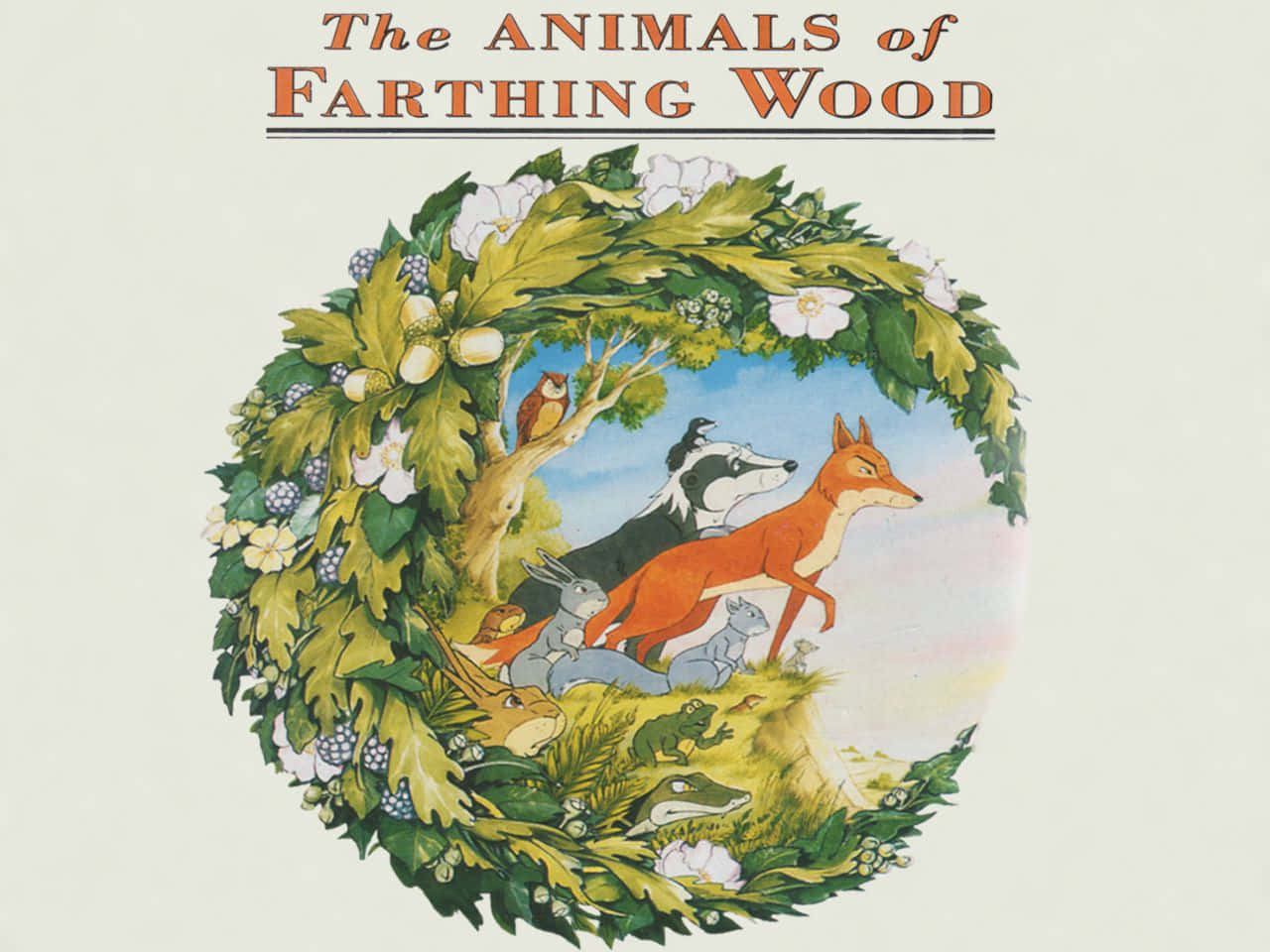 由樹葉和花朵框住的林地動物圓形插圖。