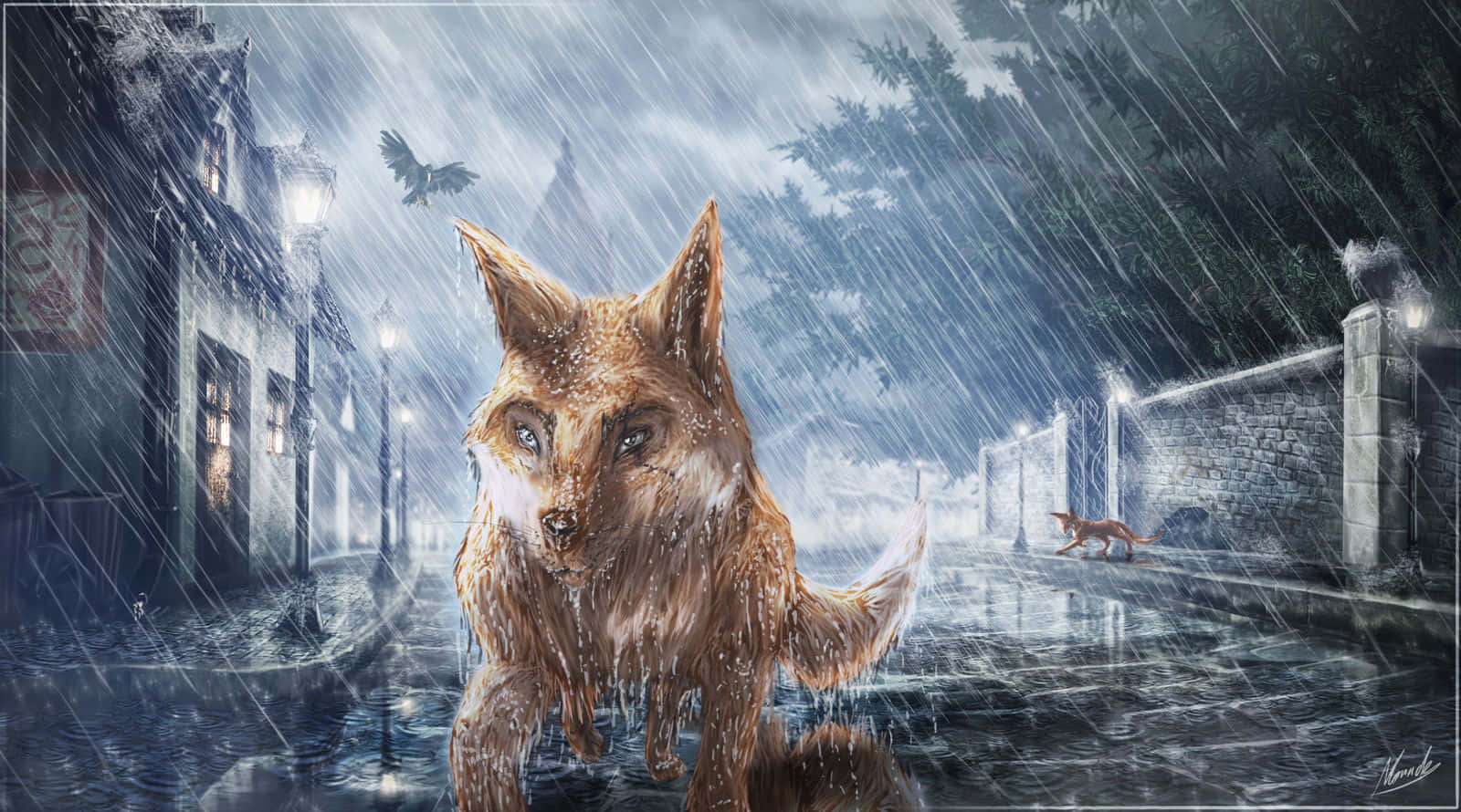 一隻狐狸站在雨夜的都市街道上，另一隻狐狸正在逃跑。