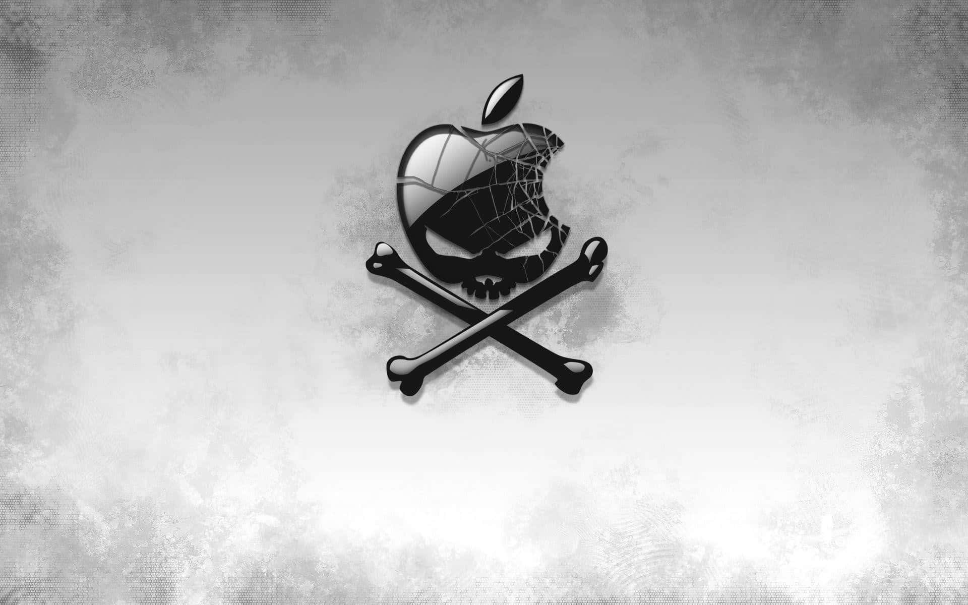 破裂的Apple標誌變成骷髏頭與交叉骨頭，紋理灰色背景