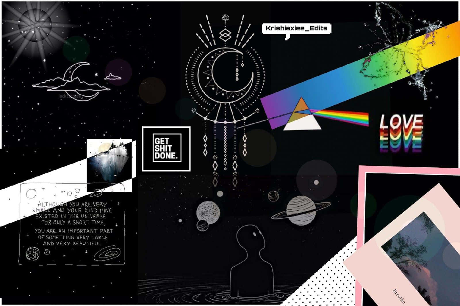 一個宇宙風格拼貼畫，包含捕夢網、行星和勵志語錄，背景是黑色。
