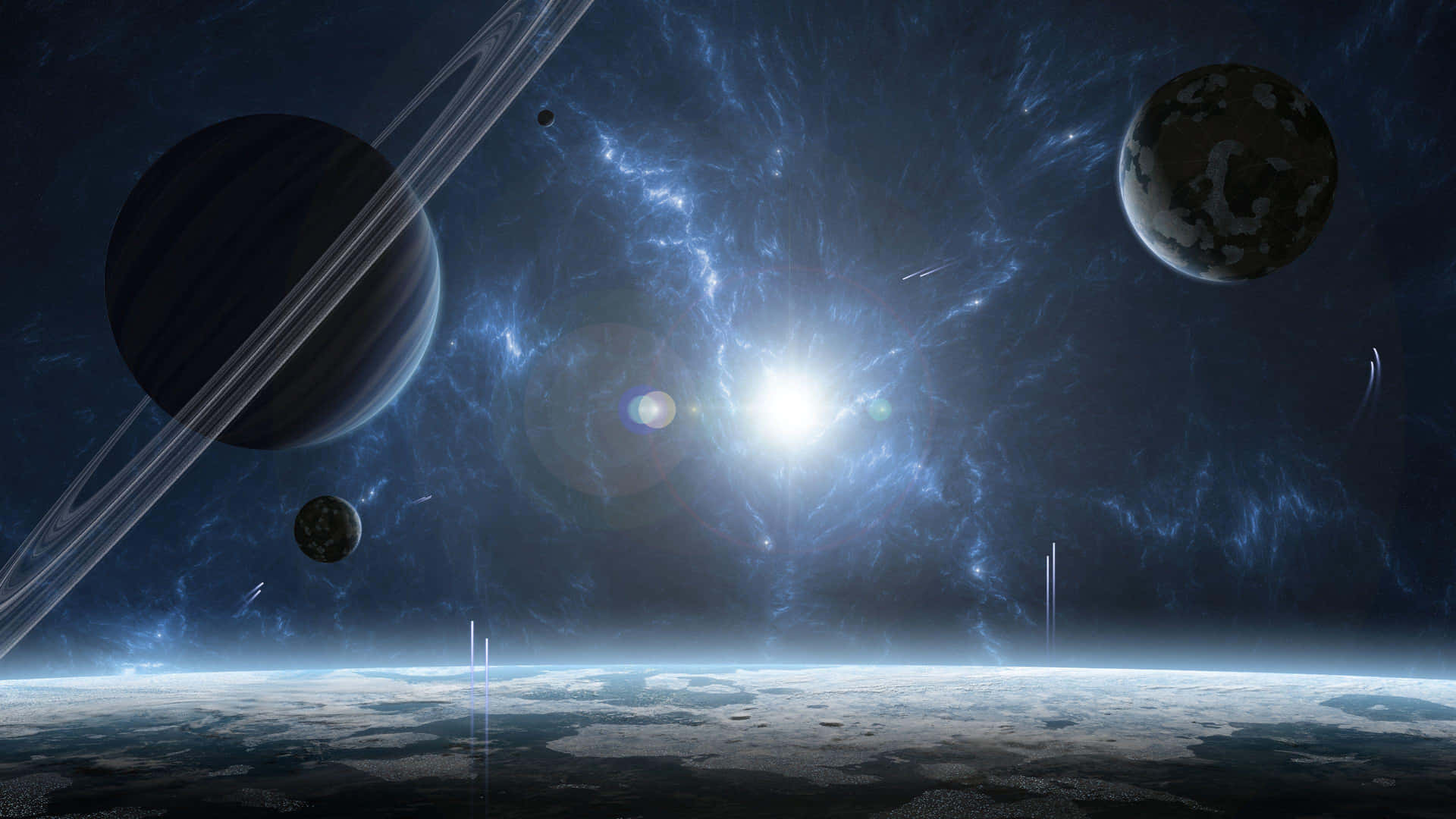 宇宙空間的景色，行星和發光的星雲圍繞著一顆明亮的恆星。