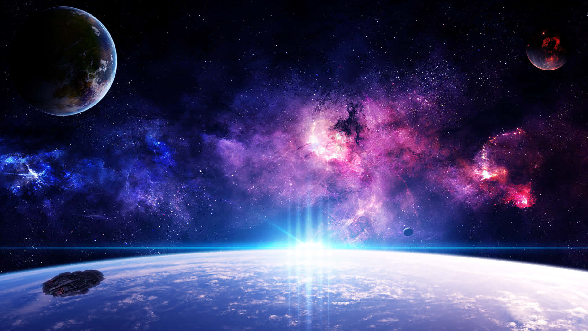 在行星地平線上方發光的鮮豔宇宙星雲，伴有遠方的衛星和星星。