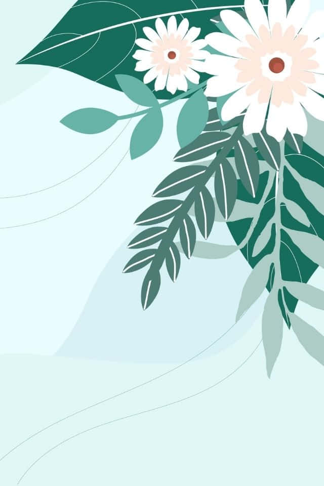 適合任何iPhone的多彩春日花海壁紙 壁紙 — 一幅簡約插圖，白色雛菊和綠色葉子，襯托柔和的薄荷色背景，帶有流暢線條。