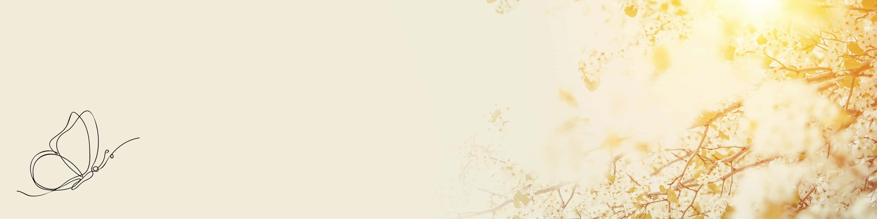適合任何房間的時尚藍色抽象畫 壁紙 — 一隻極簡線條藝術的蝴蝶在精緻的樹枝間漂浮，旁邊是燦爛的金色陽光。