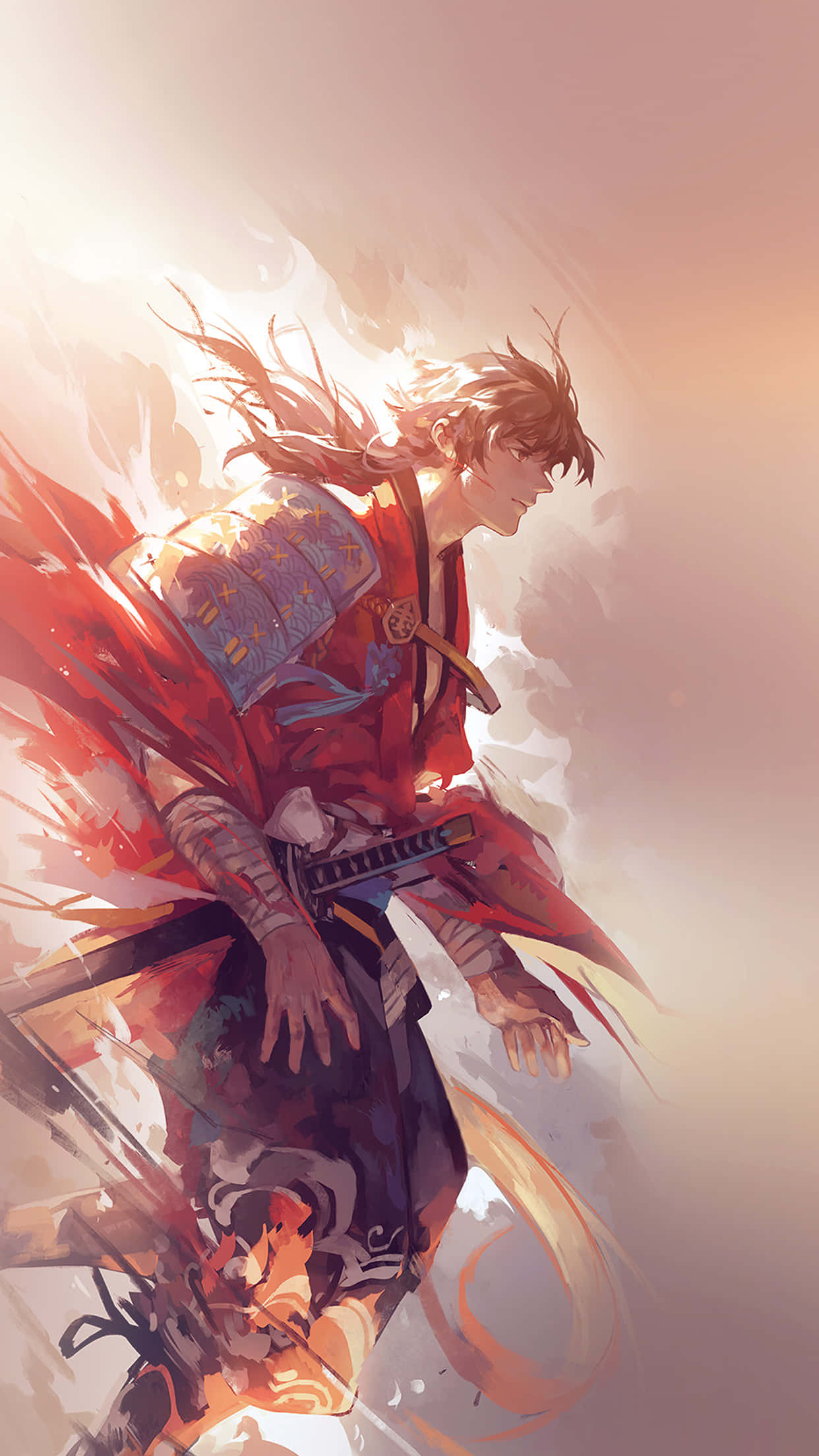 適合動漫迷的 iPhone 11 紅色插畫 壁紙 — 一位身穿紅色盔甲的動態動漫武士戰士，在閃耀的日落背景下拔劍向前躍進。