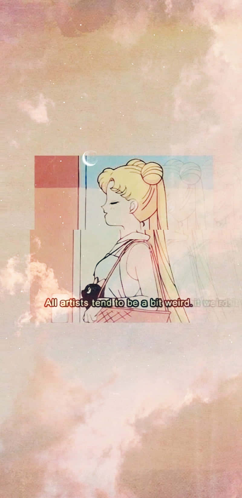 窗框中的金髮動漫女孩，背景是柔和的粉彩天空和浮動文字。