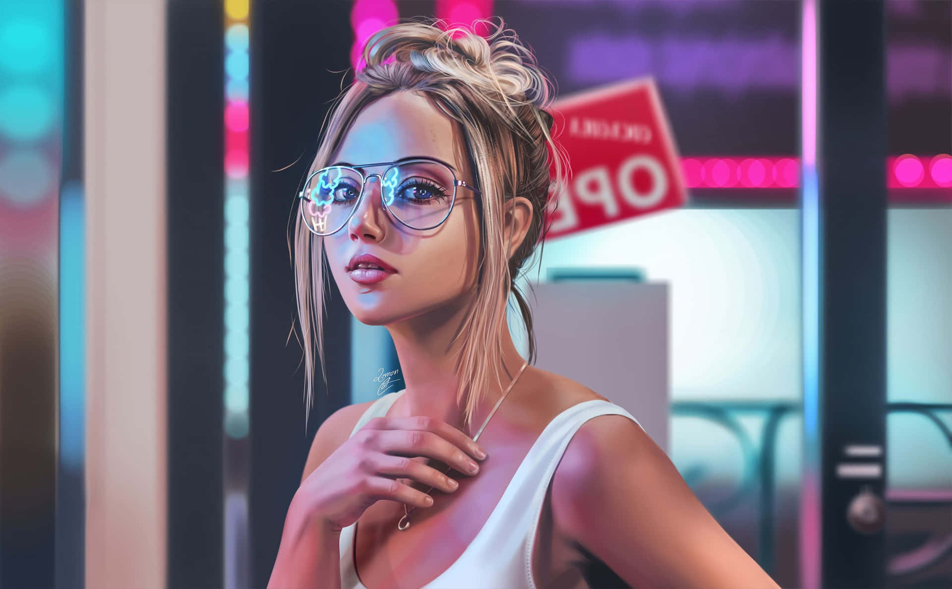 戴眼鏡穿白色上衣的女性，在霓虹燈閃爍的夜晚城市中