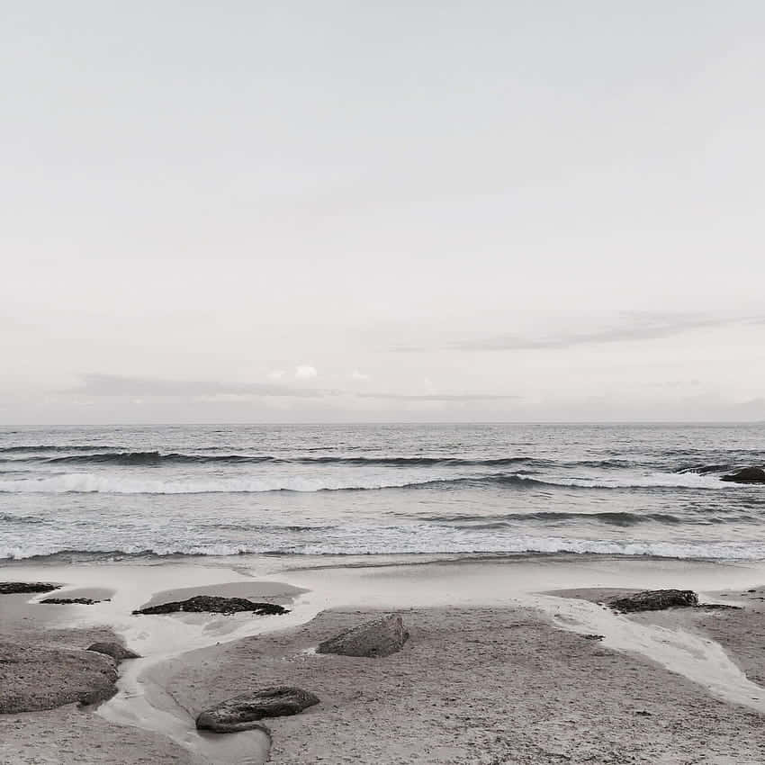 陰天下，灰色沙灘上有溫柔的海浪和散落的岩石。