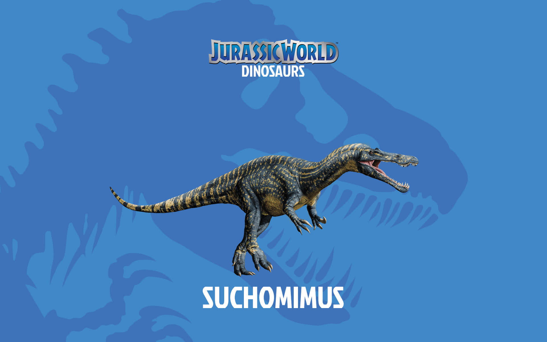 適合恐龍冒險的明媚晴天 壁紙 — 一隻帶有條紋皮膚的咆哮棘龍（Suchomimus）恐龍，在藍色背景上跳躍，背景中有一個陰影恐龍輪廓和 Jurassic World 文字。