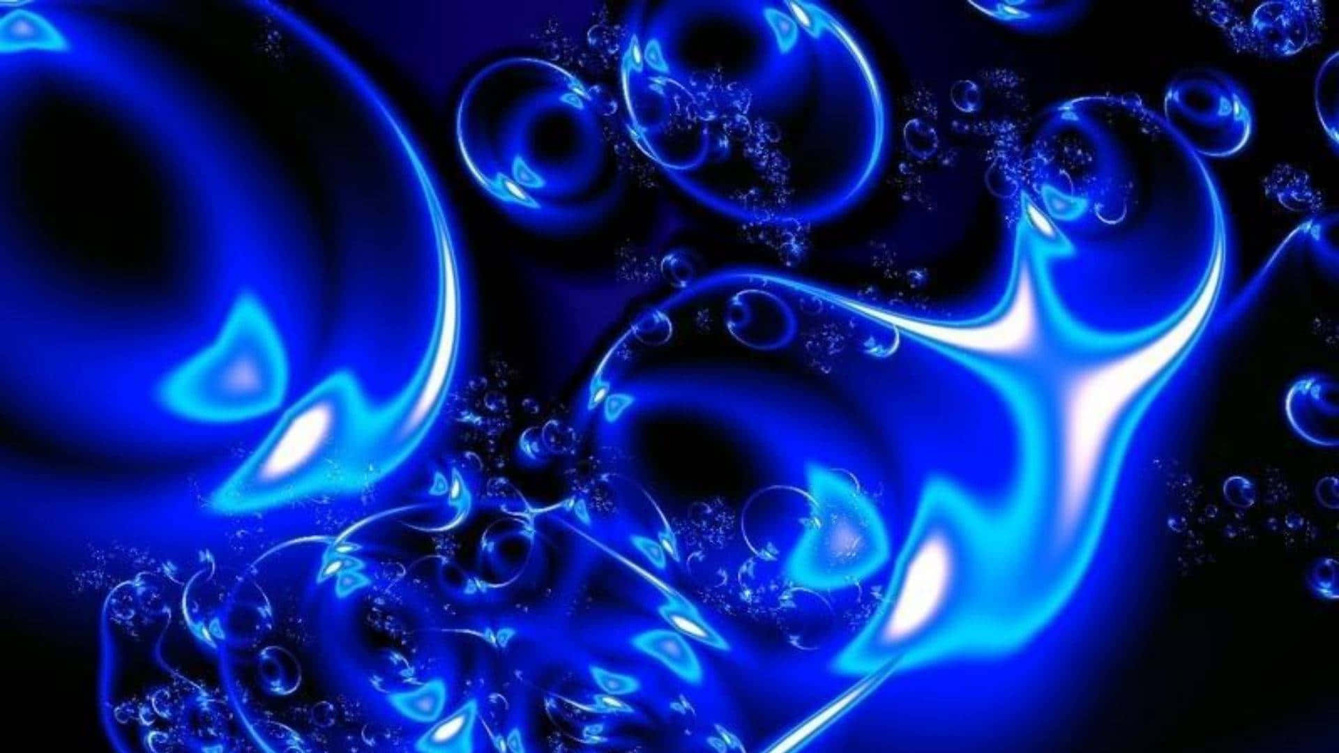適合您桌面的現代藍色霓虹背景 壁紙 — 發光的電藍色氣泡和流體漩渦在深黑色背景上漂浮，營造出迷人的抽象數碼場景。